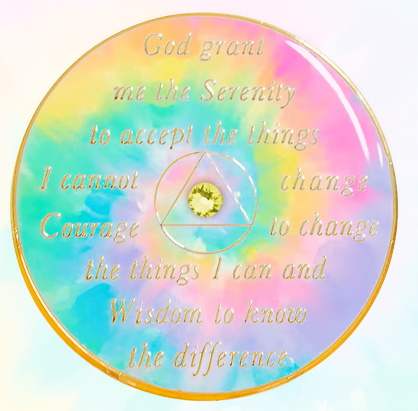 Back of AA medallion is pastel tie-dye, with the serenity prayer and circle triangle embossed with 14k gold-plated brass, inside the triangle is one single pastel yellow genuine crystal, the recovery medallion is sealed with resin for a shiny finish.