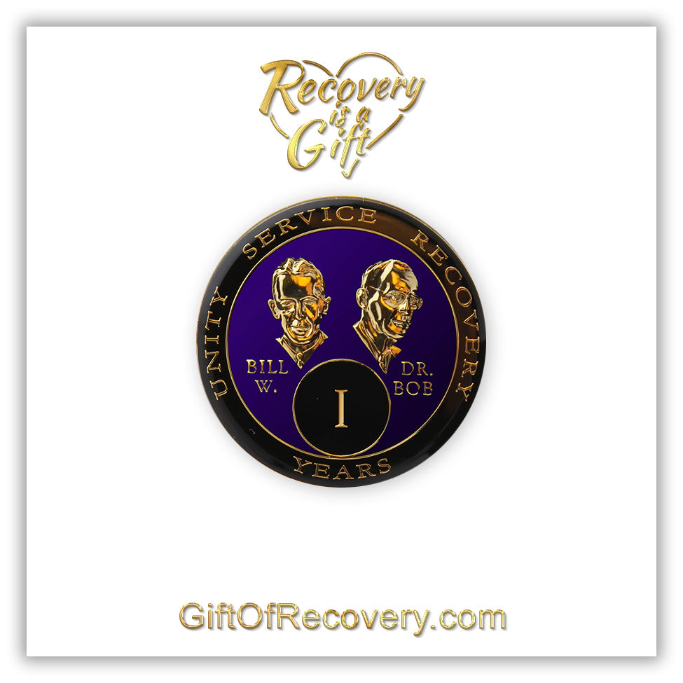1 year AA Bill & Bob Amethyst purple recovery medallion black around the rim, this medallion is to honor our founders and our time, stylized busts of Bill W. and Dr. Bob, with their names, are embossed 14k gold-plated brass, the medallion is sealed with resin for a glossy finish. seen on a white 3x3 card with recovery is a gift going through an open heart at the top and giftofrecovery.com on the bottom, both in the color gold.