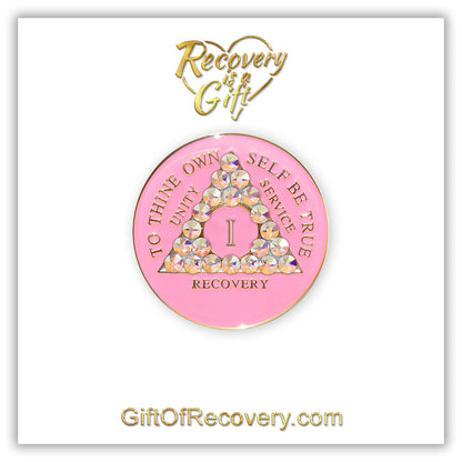 AA Recovery Medallion - Aurora Borealis Bling Crystalized on Pink