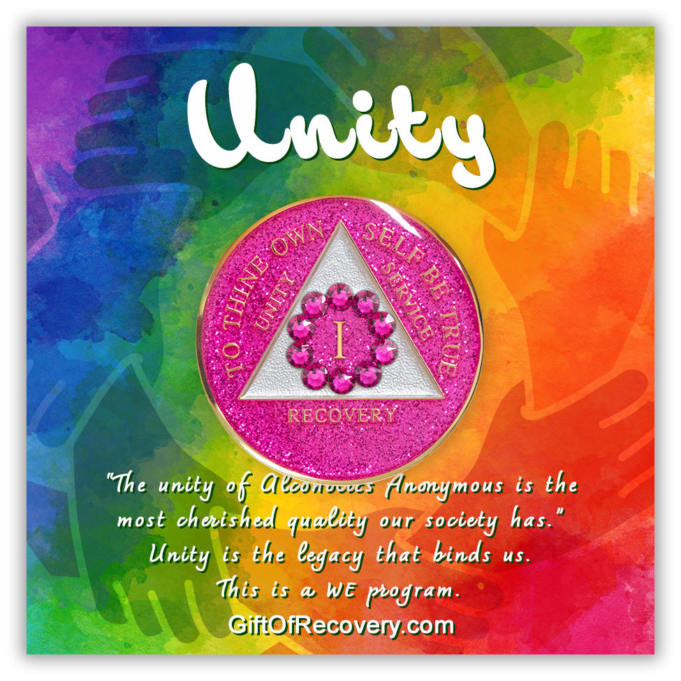 1 year AA medallion Pink Glitter Princess adorned with 10 pink zircon genuine crystals in a circle around the roman numeral, representing the unity that binds us, the triangle is pearl white and the AA moto is embossed with 14k gold-plated brass, sealed with resin for a shiny finish, featured on a tie-dye 3x3 card with silhouette hands in a circle, unity at the top and a paragraph at the bottom, all in the color white.