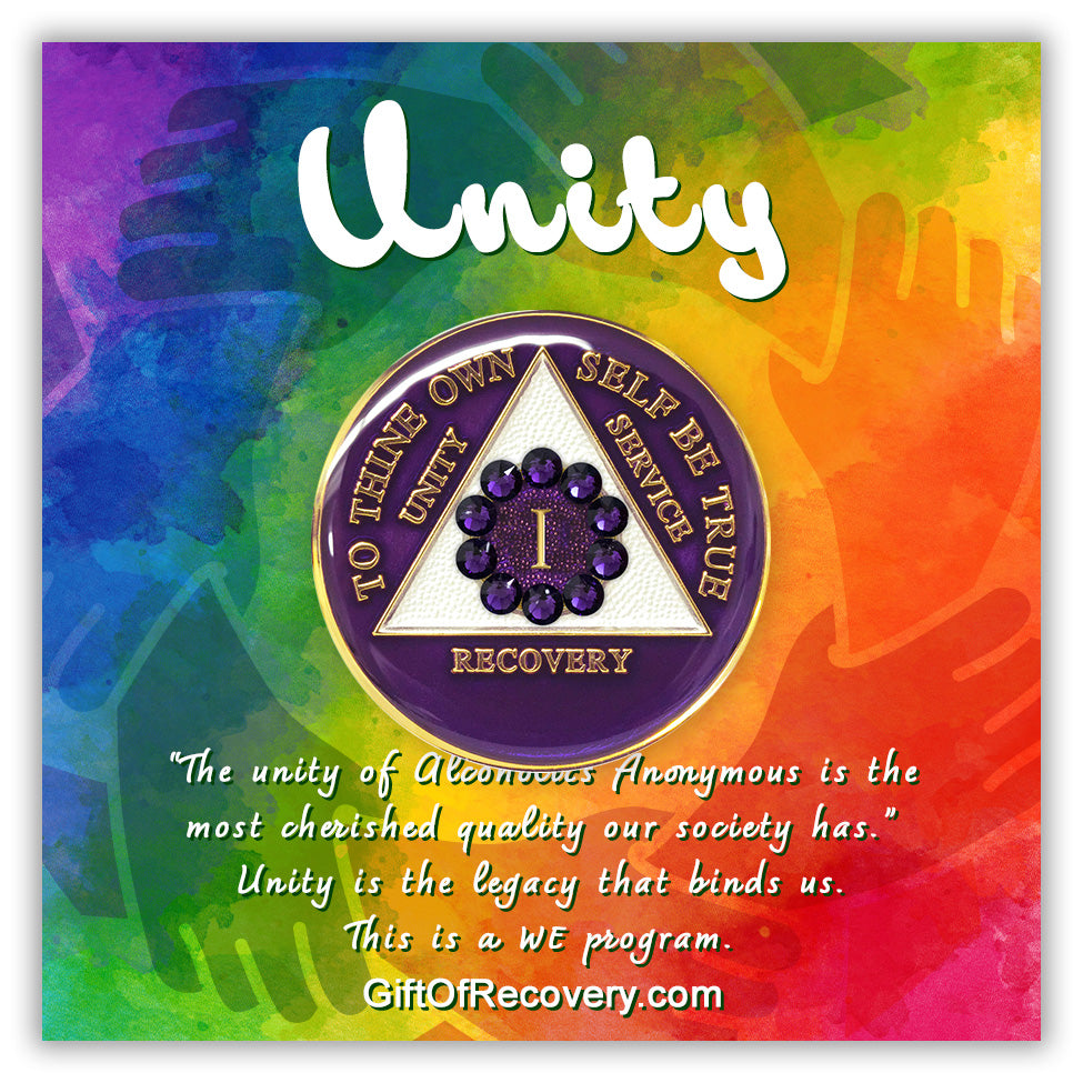 1 year AA medallion purple amethyst, adorned with 10 genuine purple crystals in a circle around the roman numeral to symbolize unity in the program, the triangle is pearl white and the AA moto is embossed with 14k gold-plated brass, featured on a bold tie-dye 3x3 card with silhouette of hands in a circle, the word unity and a paragraph about unity in white.