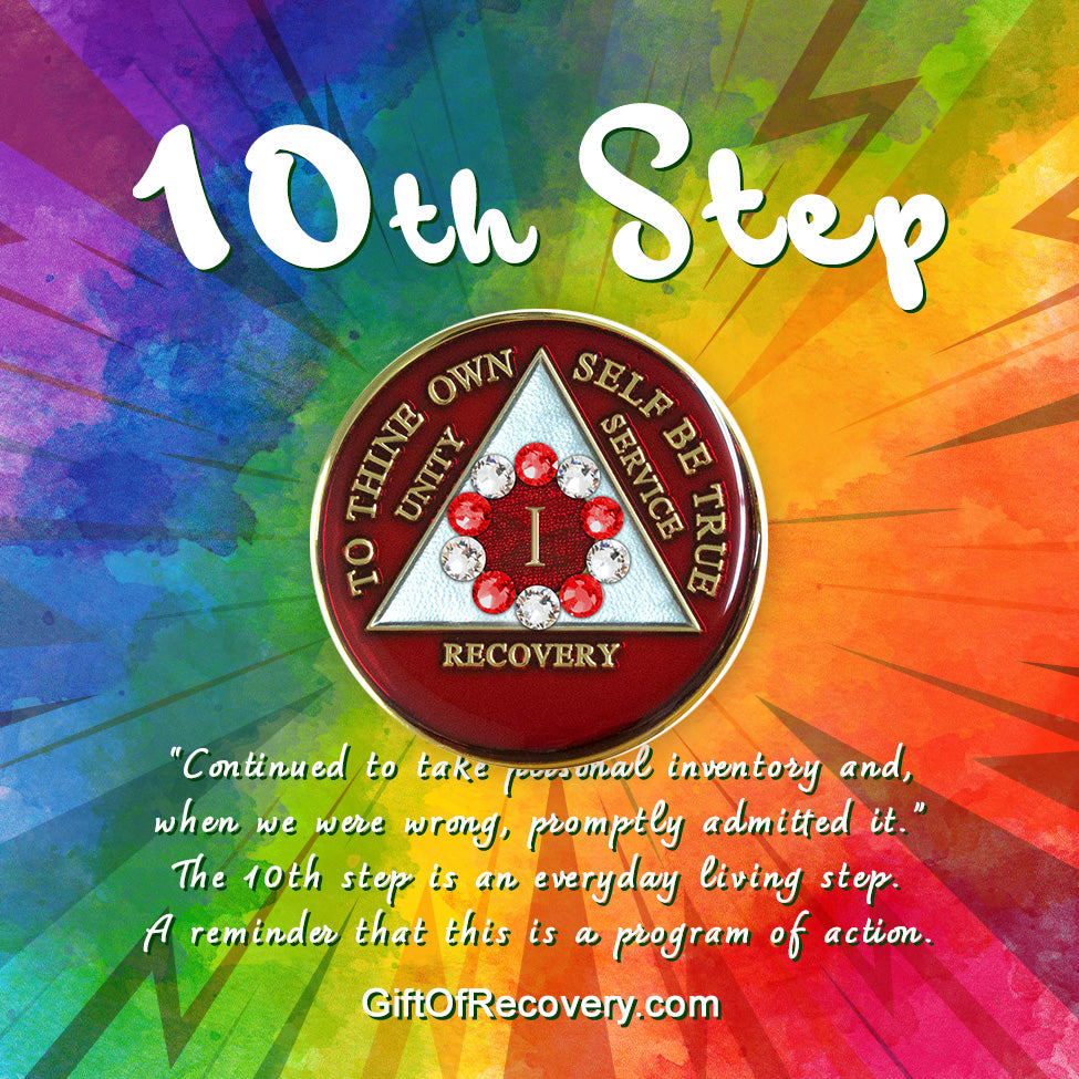 1 Year AA medallion ruby red with 6 ruby red genuine crystals and 6 diamond CZ around the roman numeral symbolizing the 10step in recovery, emphasizing action and reflection, the triangle is pearl white with to thine own self be true, unity, service, recovery embossed with 14k gold-plated brass, sealed with resin for a lasting finish, seen on a tie-dye 3x3 card with silhouette of rays from light and a description paragraph.