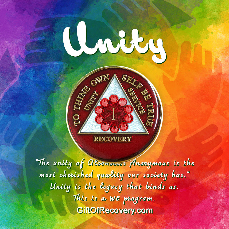 1 Year AA medallion ruby red with 12 ruby red genuine crystals around the roman numeral symbolizing we unity, the legacy that binds us, the triangle is pearl white with to thine own self be true, unity, service, recovery embossed with 14k gold-plated brass, sealed with resin for a lasting finish, seen on a tie-dye 3x3 card with silhouette of hand in a circle as a symbol of unity and a description paragraph.
