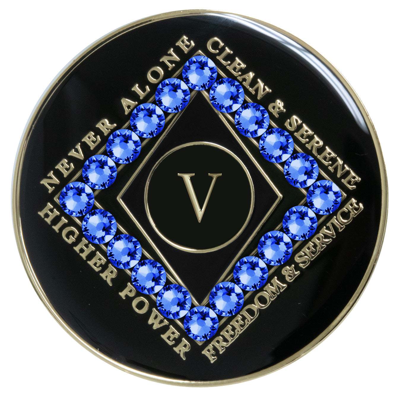 5 year black Onyx Clean time recovery medallion with a diamond shape within a diamond shape for a 3D effect, 20 Sapphire blue CZ genuine crystals form the outer diamond shape, never alone, clean & serene, Higher Power, freedom & service in 14k gold-plated brass, sealed with resin for a glossy finish that will last and is scratch proof.