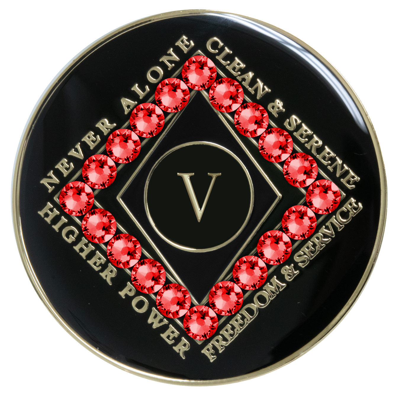 5 year black Onyx Clean time recovery medallion with a diamond shape within a diamond shape for a 3D effect, 20 red Siam CZ genuine crystals form the outer diamond shape, never alone, clean & serene, Higher Power, freedom & service in 14k gold-plated brass, sealed with resin for a glossy finish that will last and is scratch proof.