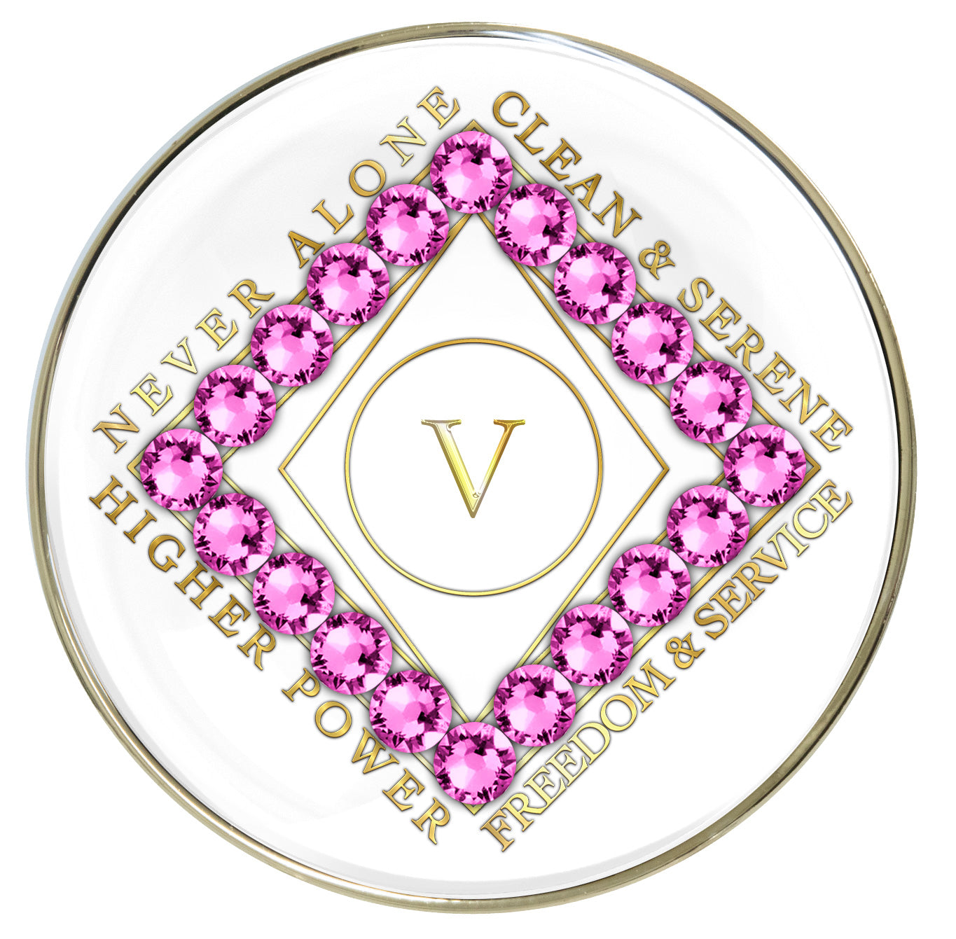 White Clean Time Recovery Medallion with Light Rose Pink Crystals