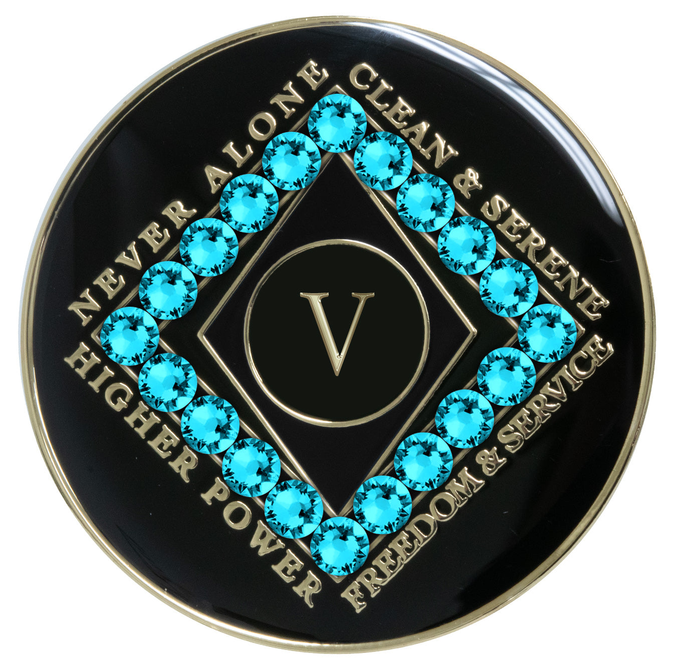 5 year black Onyx Clean time recovery medallion with a diamond shape within a diamond shape for a 3D effect, 20 Aqua Zircon CZ genuine crystals form the outer diamond shape, never alone, clean & serene, Higher Power, freedom & service in 14k gold-plated brass, sealed with resin for a glossy finish that will last and is scratch proof.