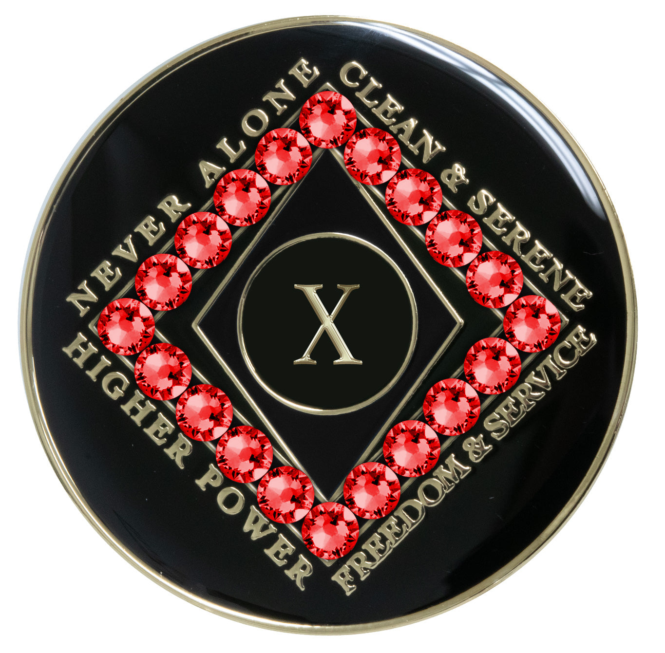 10 year black Onyx Clean time recovery medallion with a diamond shape within a diamond shape for a 3D effect, 20 red Siam CZ genuine crystals form the outer diamond shape, never alone, clean & serene, Higher Power, freedom & service in 14k gold-plated brass, sealed with resin for a glossy finish that will last and is scratch proof.