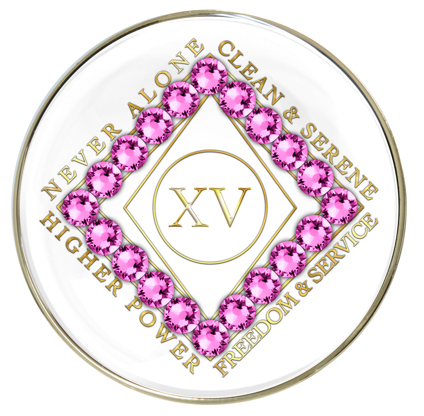 White Clean Time Recovery Medallion with Light Rose Pink Crystals