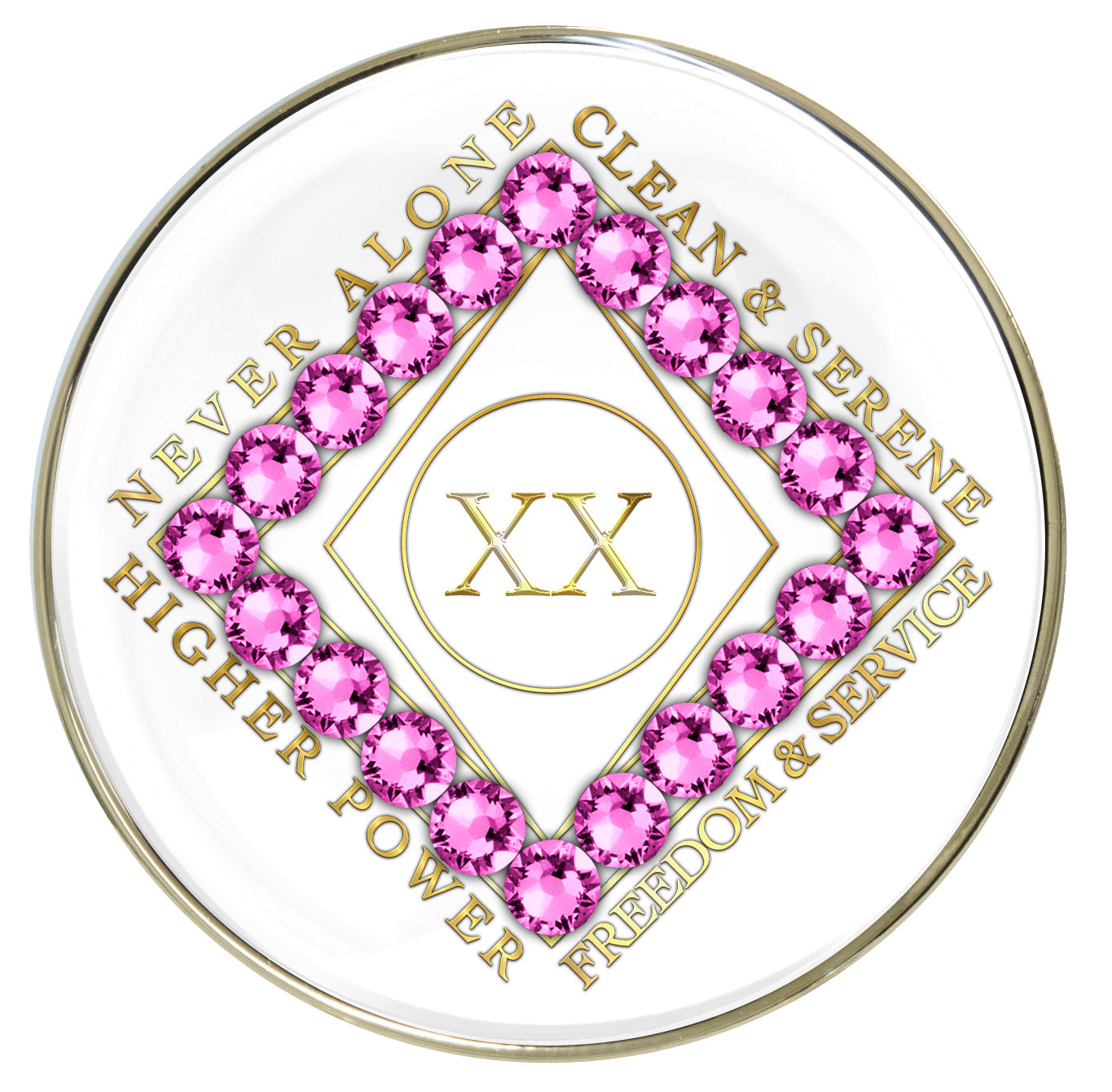 White Clean Time Recovery Medallion with Light Rose Pink Crystals