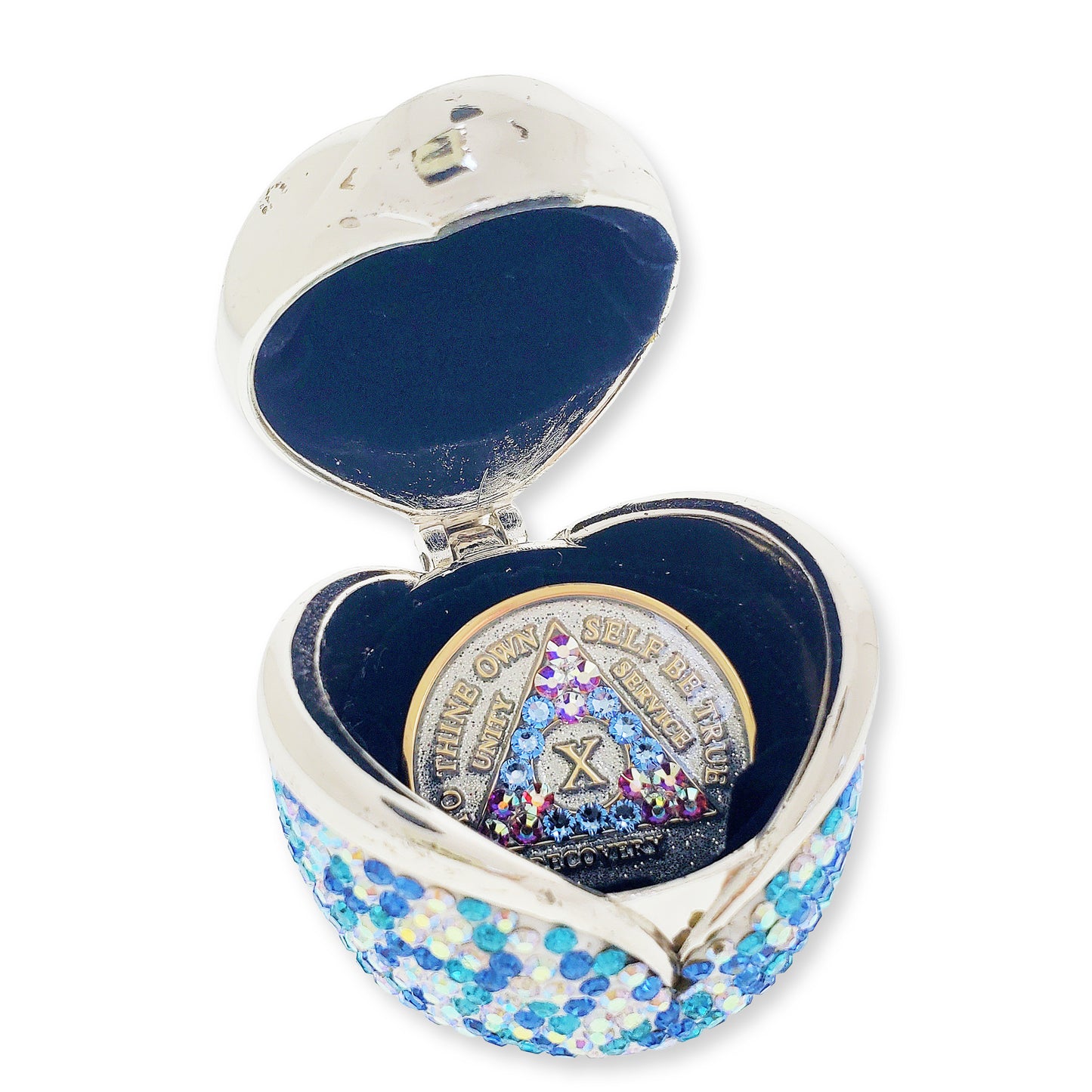 Rose Box Chip Holder with matching Medallion (Blue and Clear Aurora Borealis)