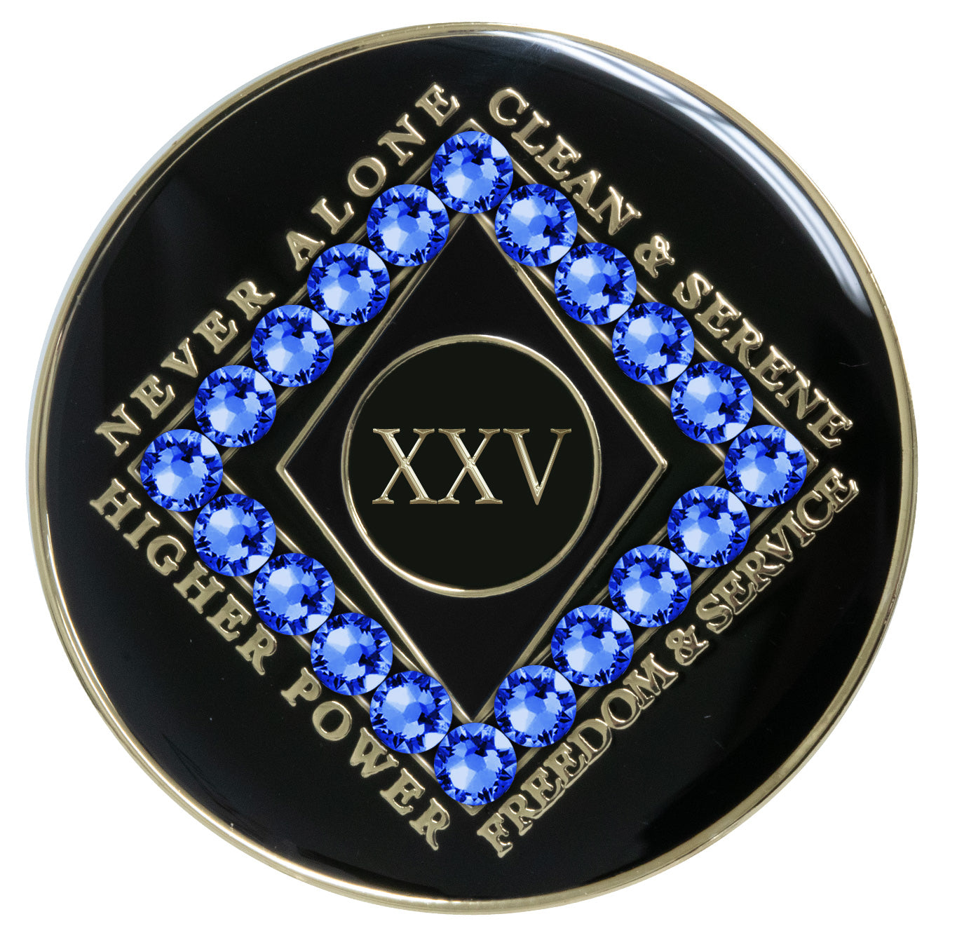 25 year black Onyx Clean time recovery medallion with a diamond shape within a diamond shape for a 3D effect, 20 Sapphire blue CZ genuine crystals form the outer diamond shape, never alone, clean & serene, Higher Power, freedom & service in 14k gold-plated brass, sealed with resin for a glossy finish that will last and is scratch proof.