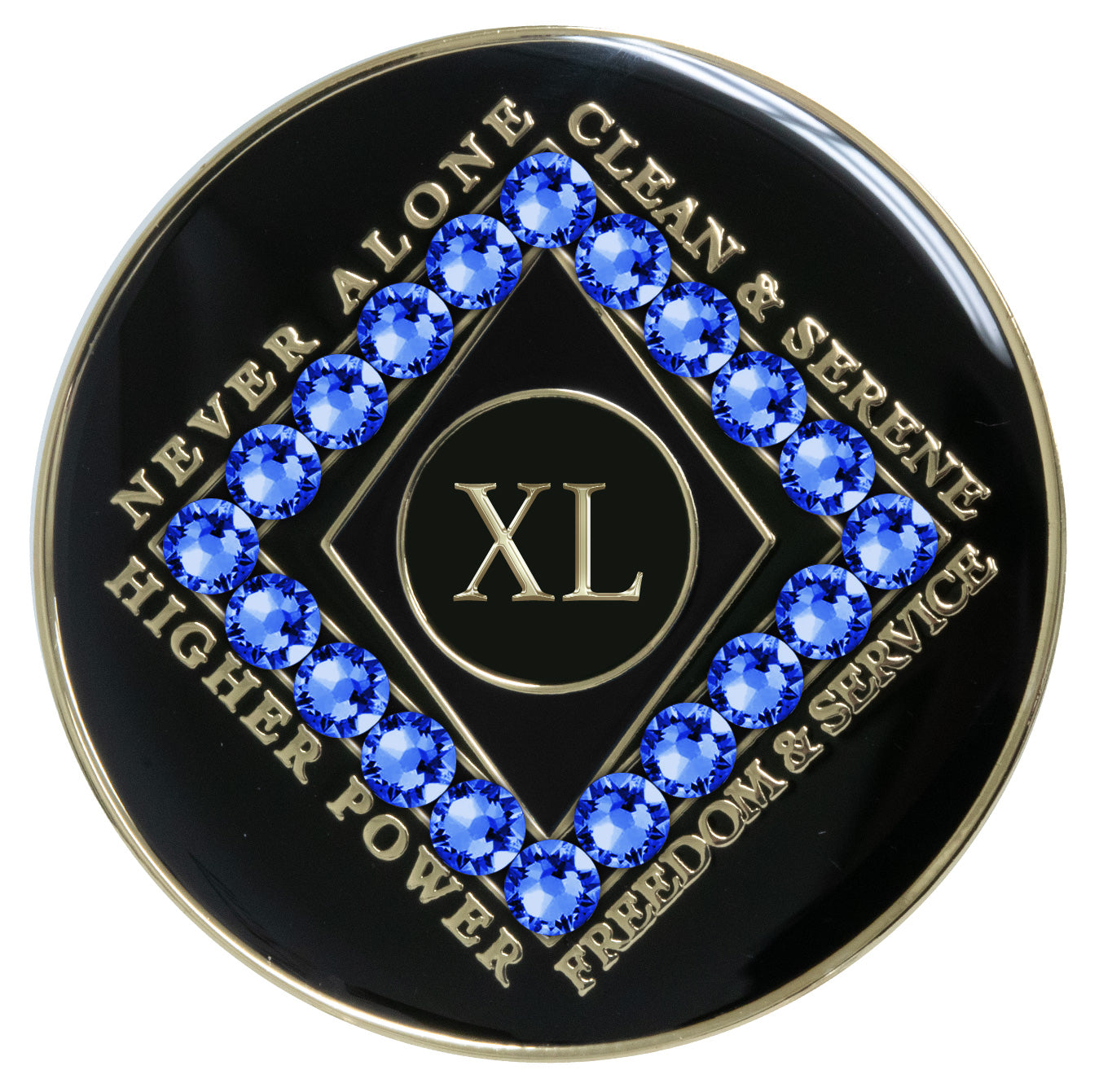 40 year black Onyx Clean time recovery medallion with a diamond shape within a diamond shape for a 3D effect, 20 Sapphire blue CZ genuine crystals form the outer diamond shape, never alone, clean & serene, Higher Power, freedom & service in 14k gold-plated brass, sealed with resin for a glossy finish that will last and is scratch proof.