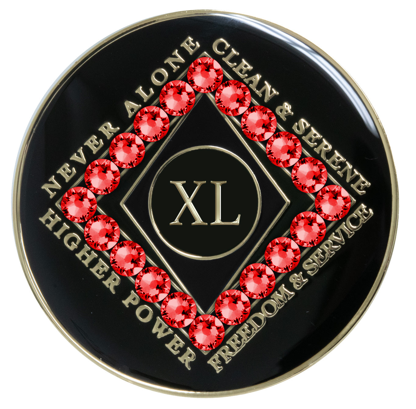 40 year black Onyx Clean time recovery medallion with a diamond shape within a diamond shape for a 3D effect, 20 red Siam CZ genuine crystals form the outer diamond shape, never alone, clean & serene, Higher Power, freedom & service in 14k gold-plated brass, sealed with resin for a glossy finish that will last and is scratch proof.