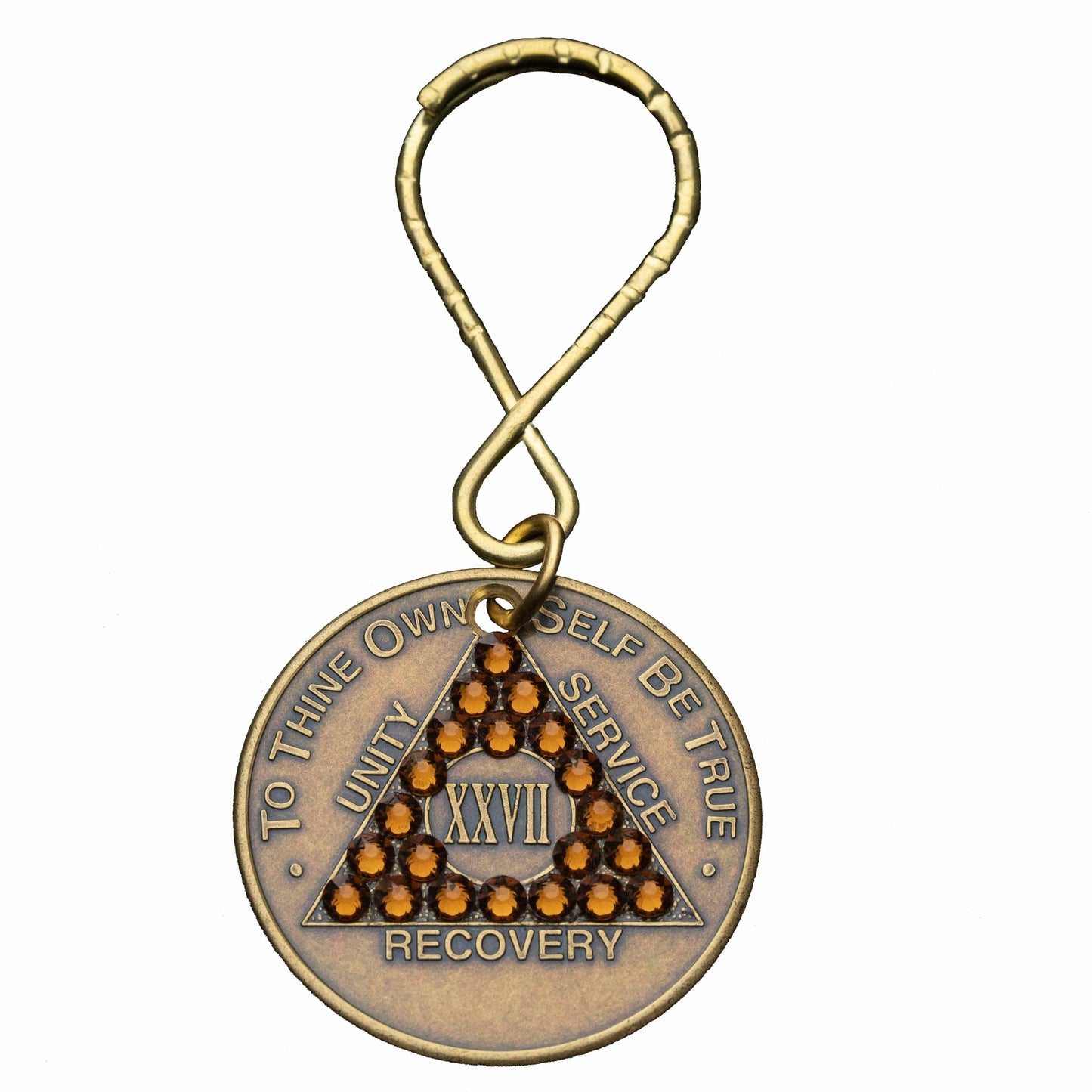 Bronze Key Tag pictured with a bronze AA 27 year medallion and 21 gold genuine crystals for the triangle.