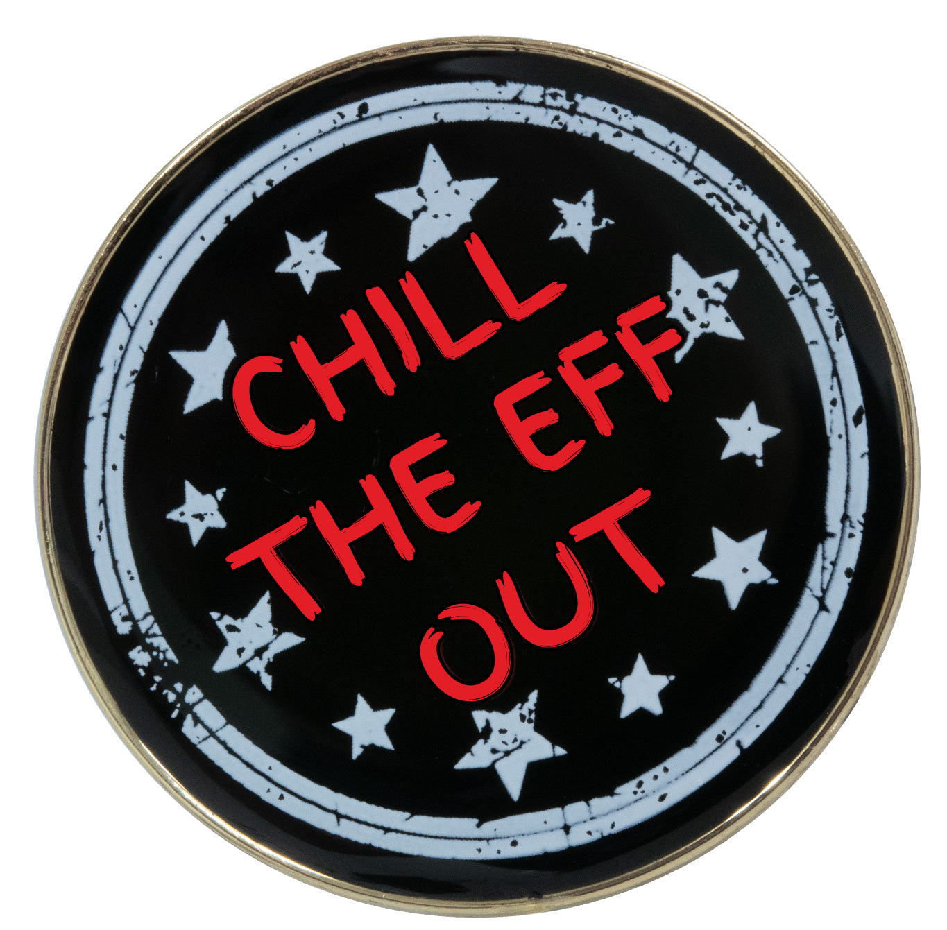 Back of sober AF recovery Medallion with 2 white circles on the outer part of the medallion, then 12 white in a circle after that with the bold red letter, kind of crooked, in the center spelled out in bold red letters.