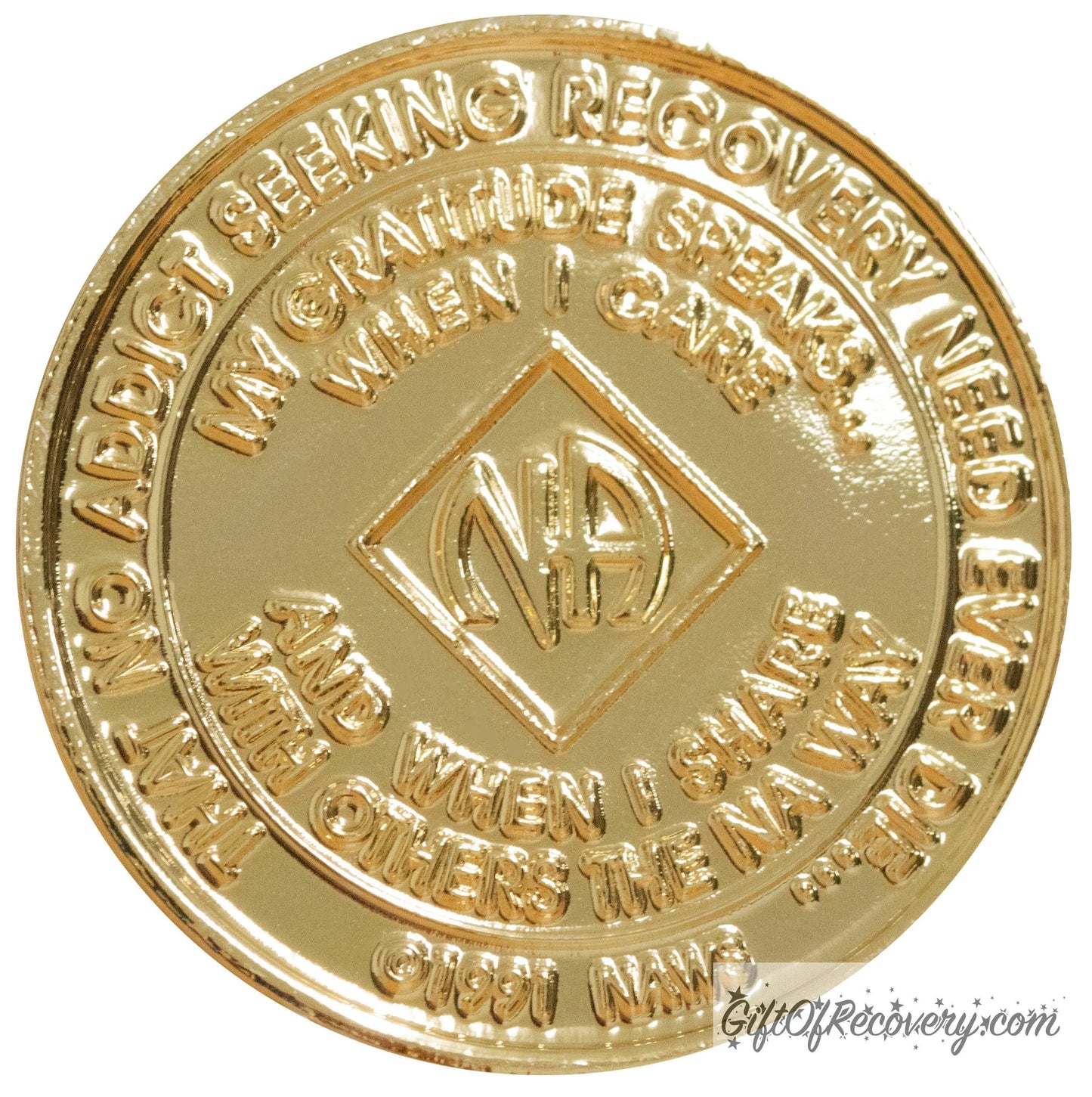 Back of NA gold plated crystalized diamond medallion has the NAWS official slogans and motto.