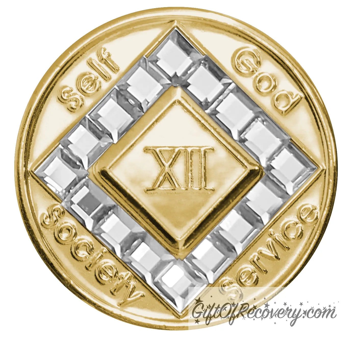 12 year gold plated NA medallion with self, God, Society, and Service around the outer rim of the diamond, 16 square diamond CZ genuine crystals that form the diamond around the roman numeral.