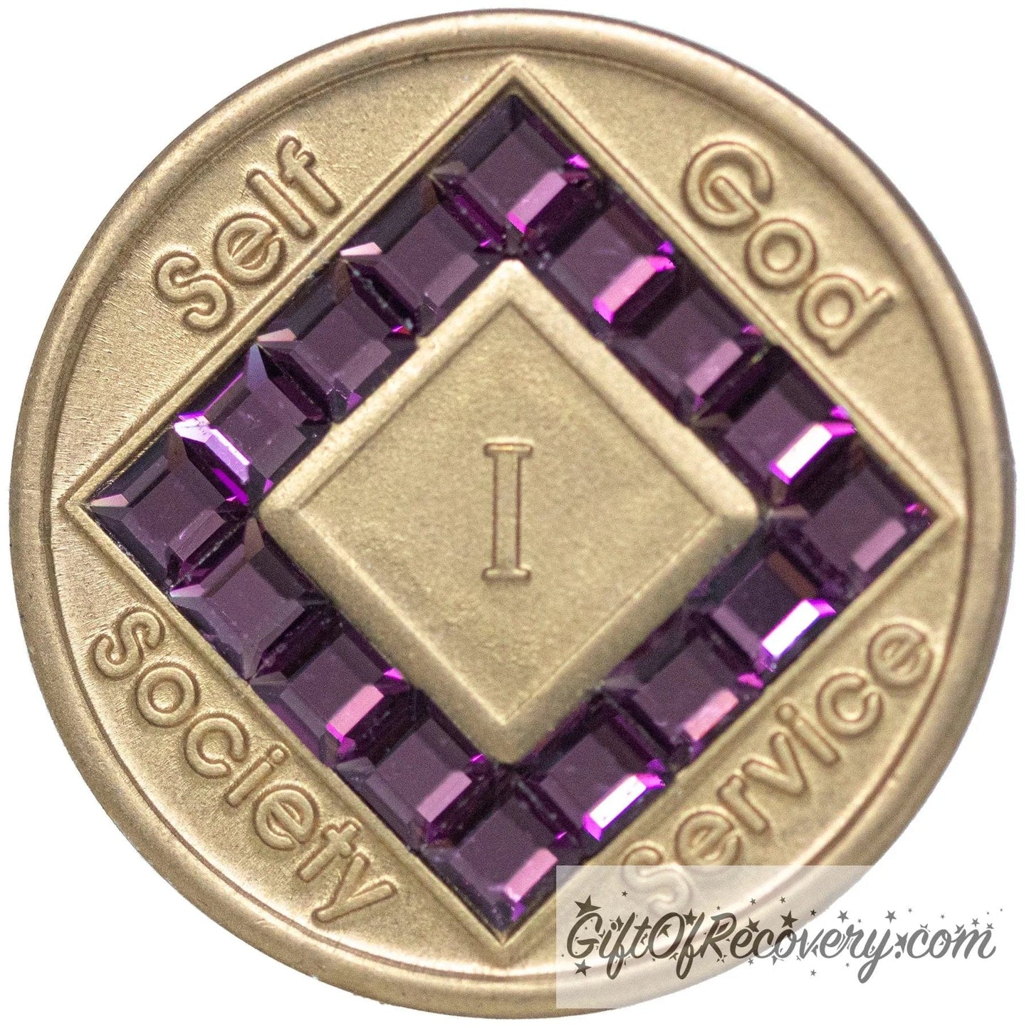 1 year bronze NA medallion with self, God, Society, and Service around the outer rim of the diamond, 16 diamond shaped CZ genuine Amethyst purple crystals, that form the diamond around the roman numeral.