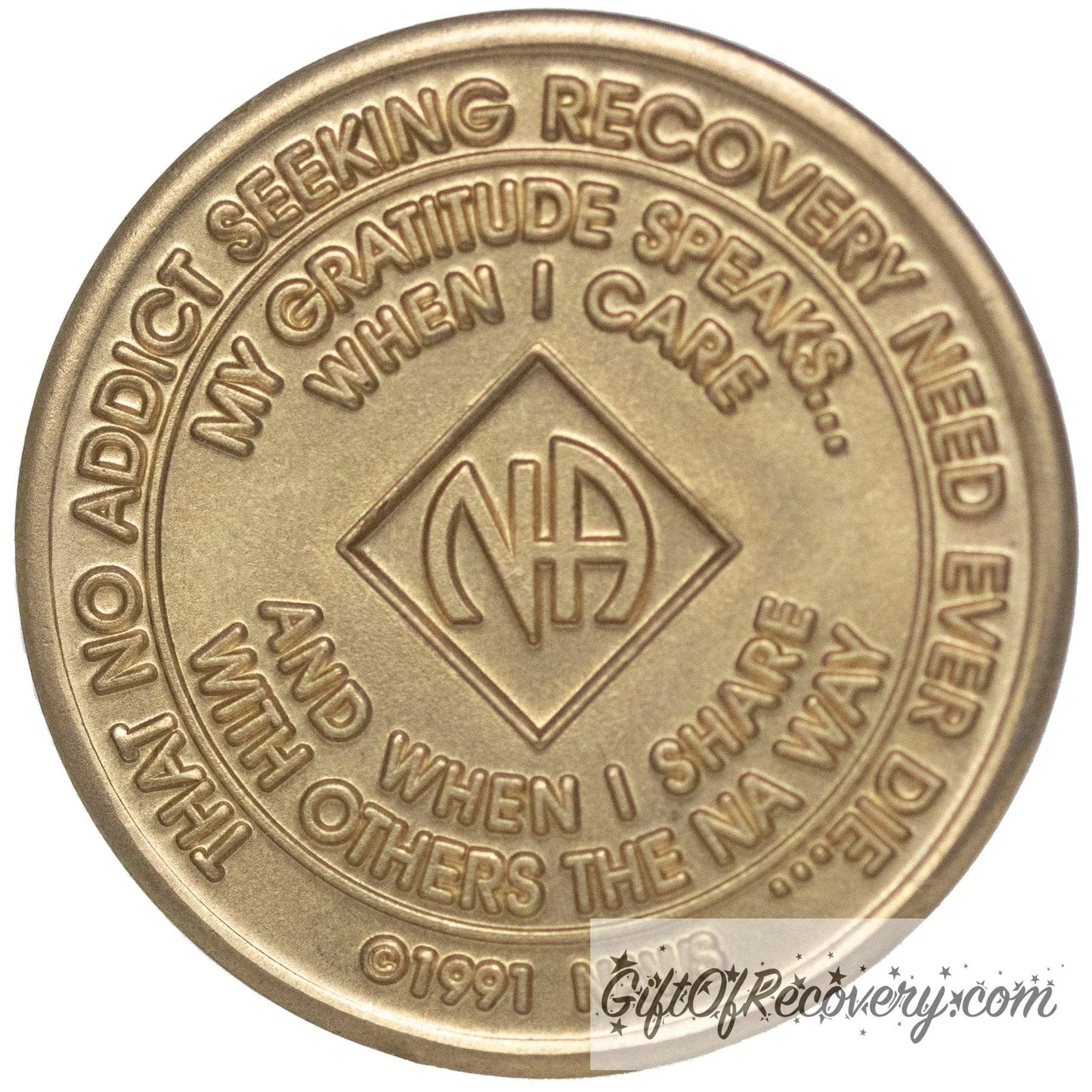Back of NA bronze crystalized Colorado Topaz medallion has the NAWS official slogans and motto.