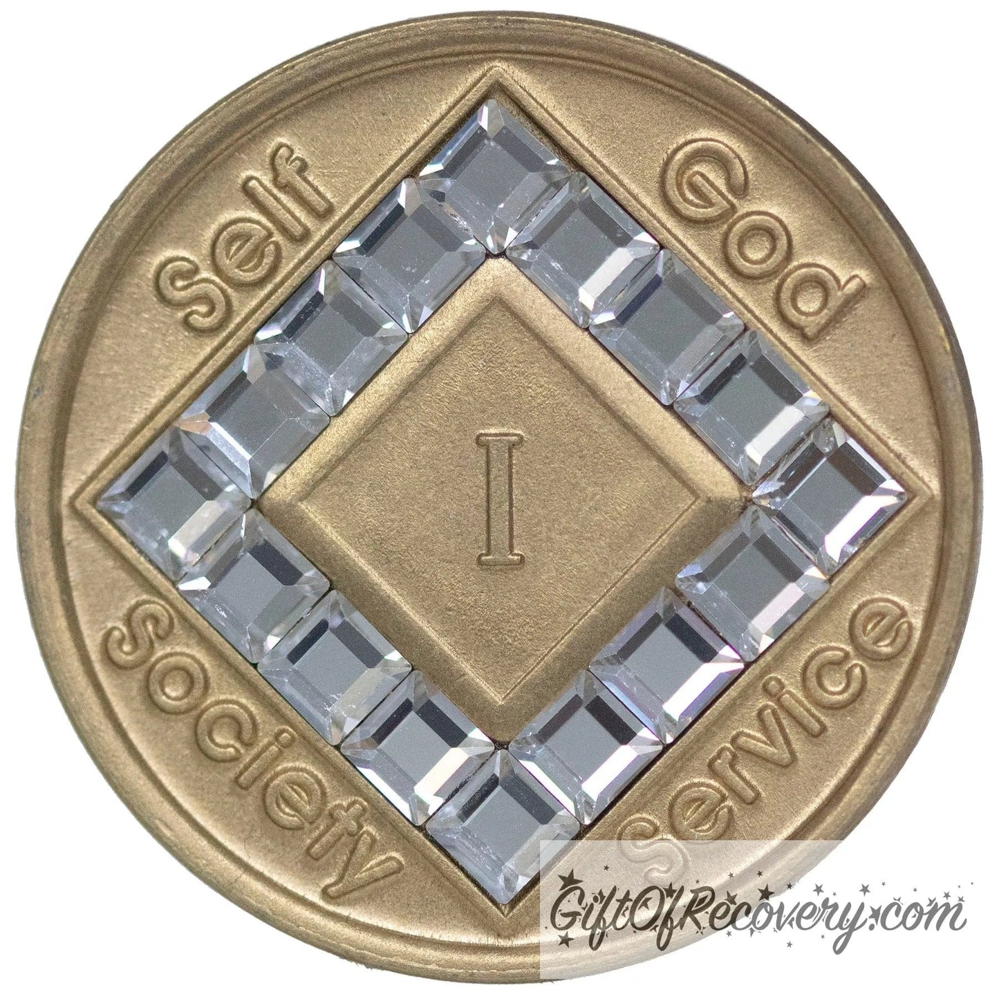 1 year bronze NA medallion with self, God, Society, and Service around the outer rim of the diamond, 16 diamond shaped CZ genuine diamond crystals, that form the diamond around the roman numeral.