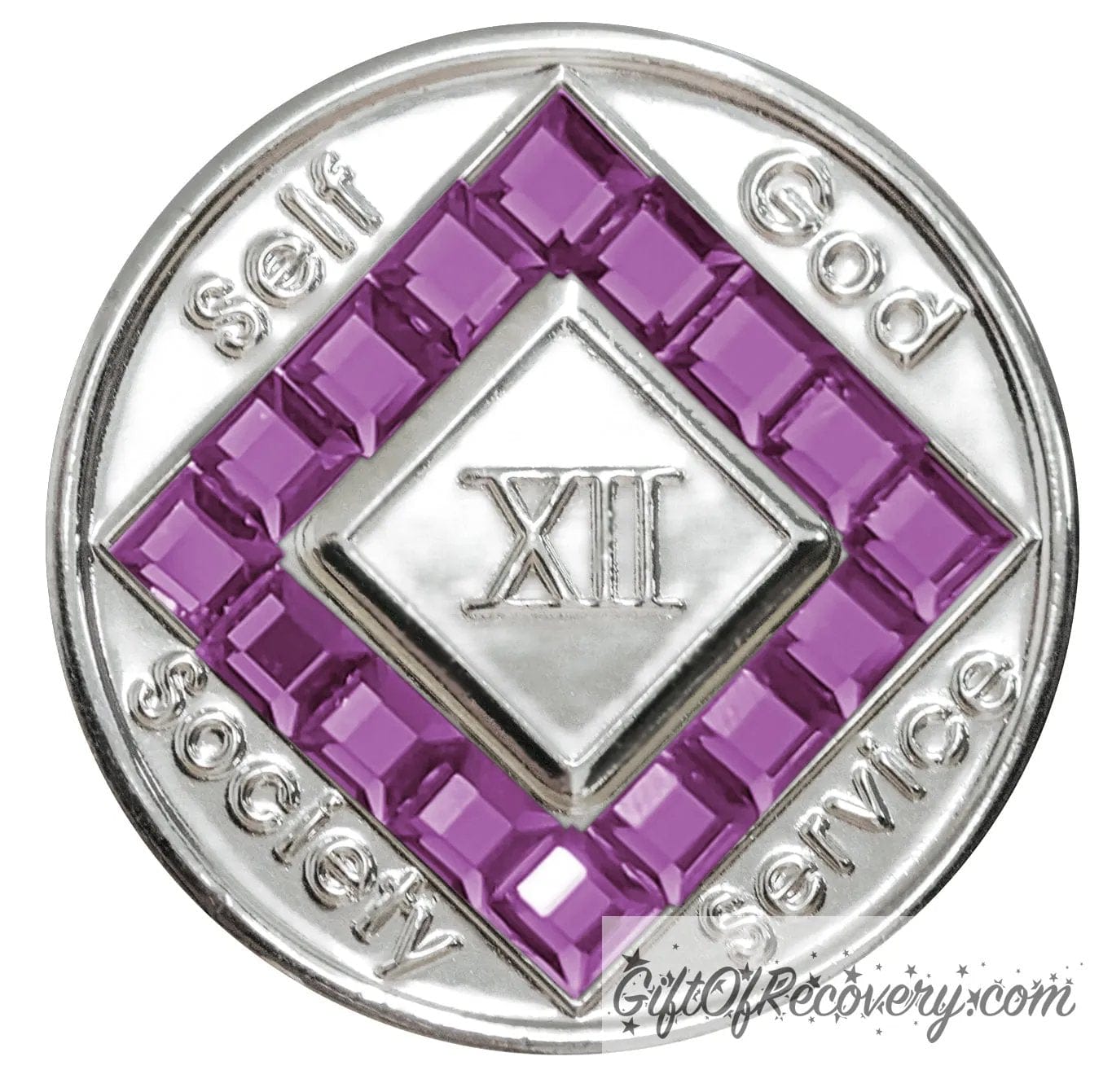 12 year nickel plated NA medallion with self, God, Society, and Service around the outer rim of the diamond, 16 square Amethyst purple CZ genuine crystals that form the diamond around the roman numeral.