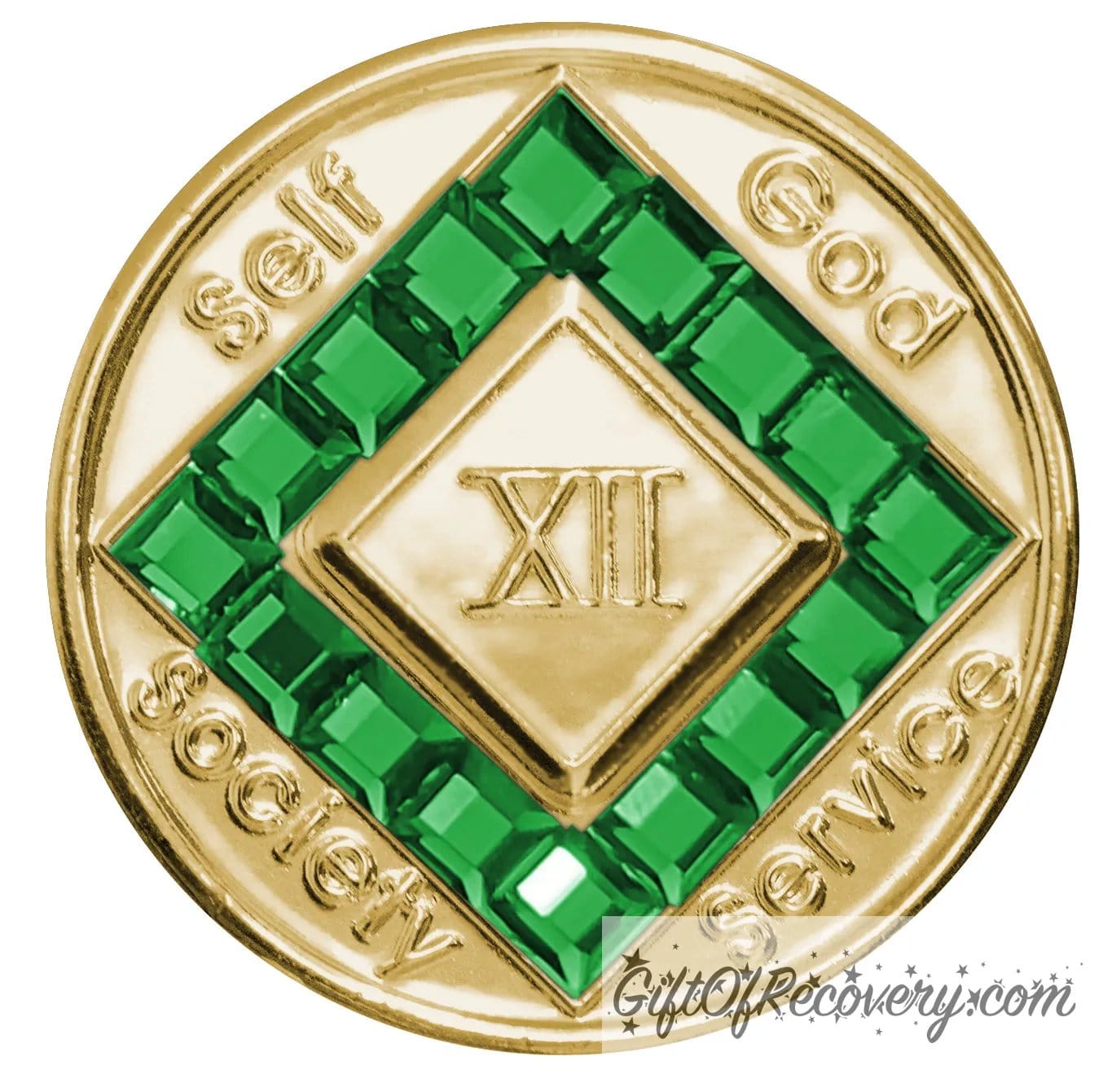 12 year gold plated NA medallion with self, God, Society, and Service around the outer rim of the diamond, 16 square emerald CZ genuine crystals that form the diamond around the roman numeral.