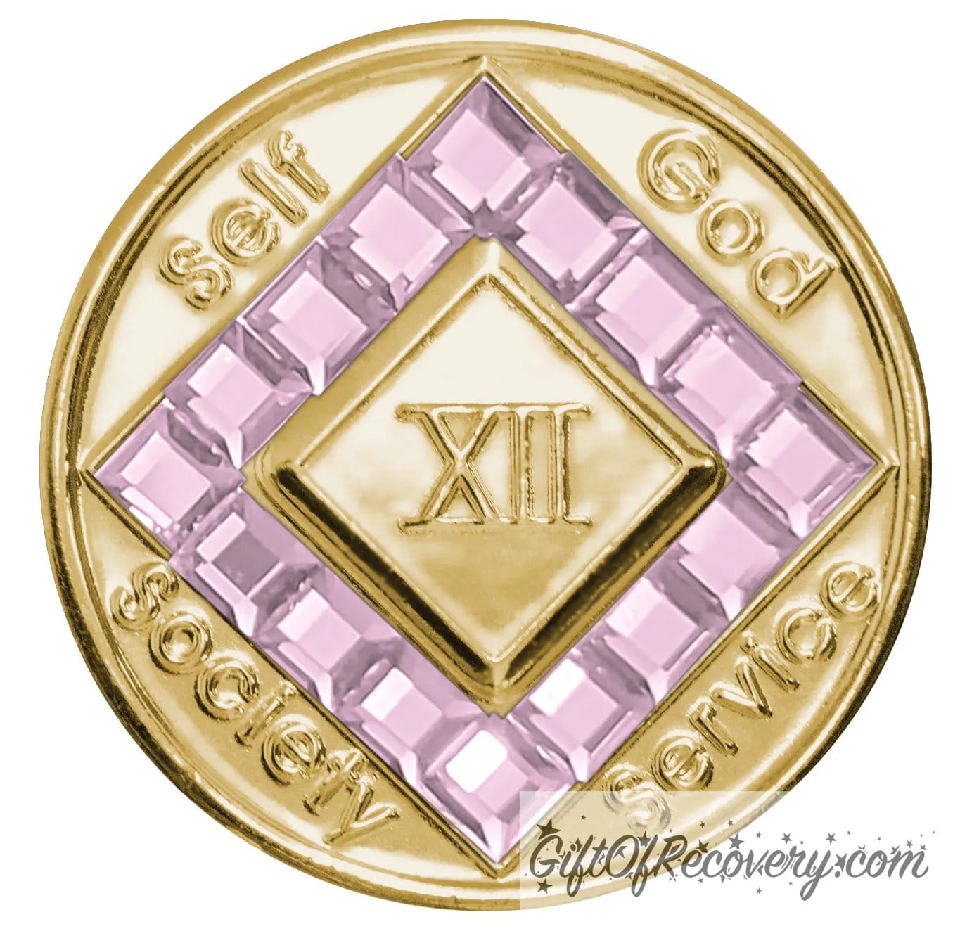 12 year gold plated NA medallion with self, God, Society, and Service around the outer rim of the diamond, 16 square light rose CZ genuine crystals that form the diamond around the roman numeral.