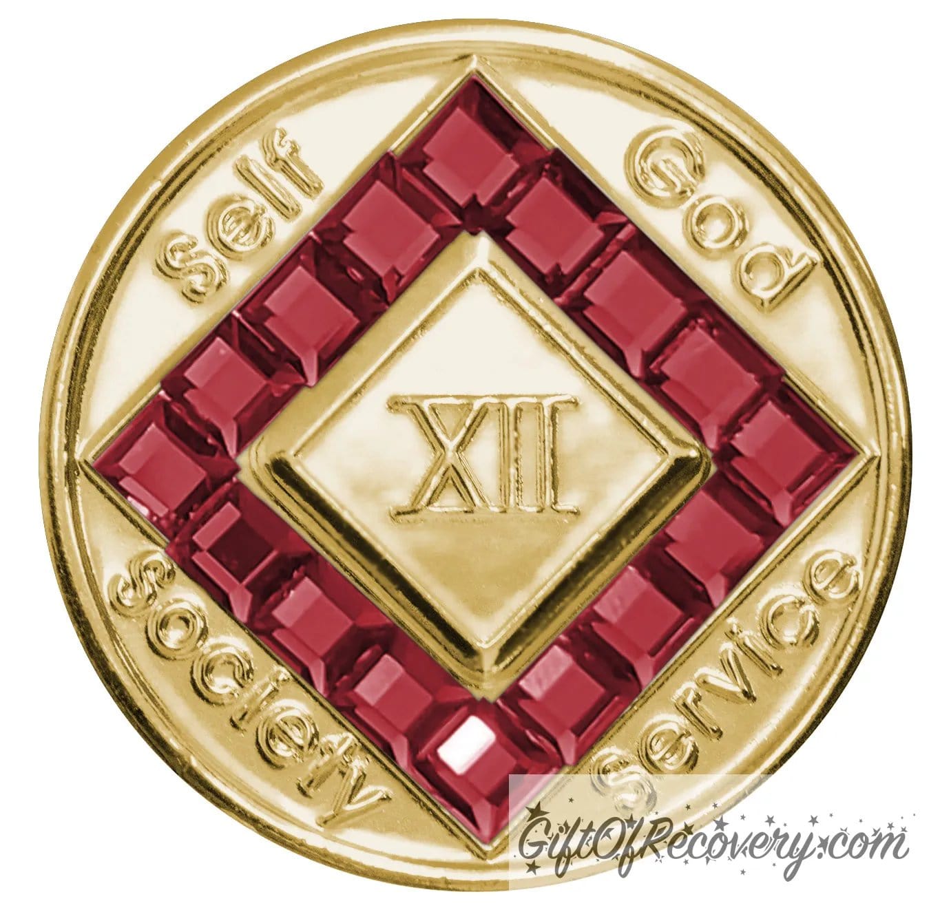 12 year gold plated NA medallion with self, God, Society, and Service around the outer rim of the diamond, 16 square Scarlet red CZ genuine crystals that form the diamond around the roman numeral.