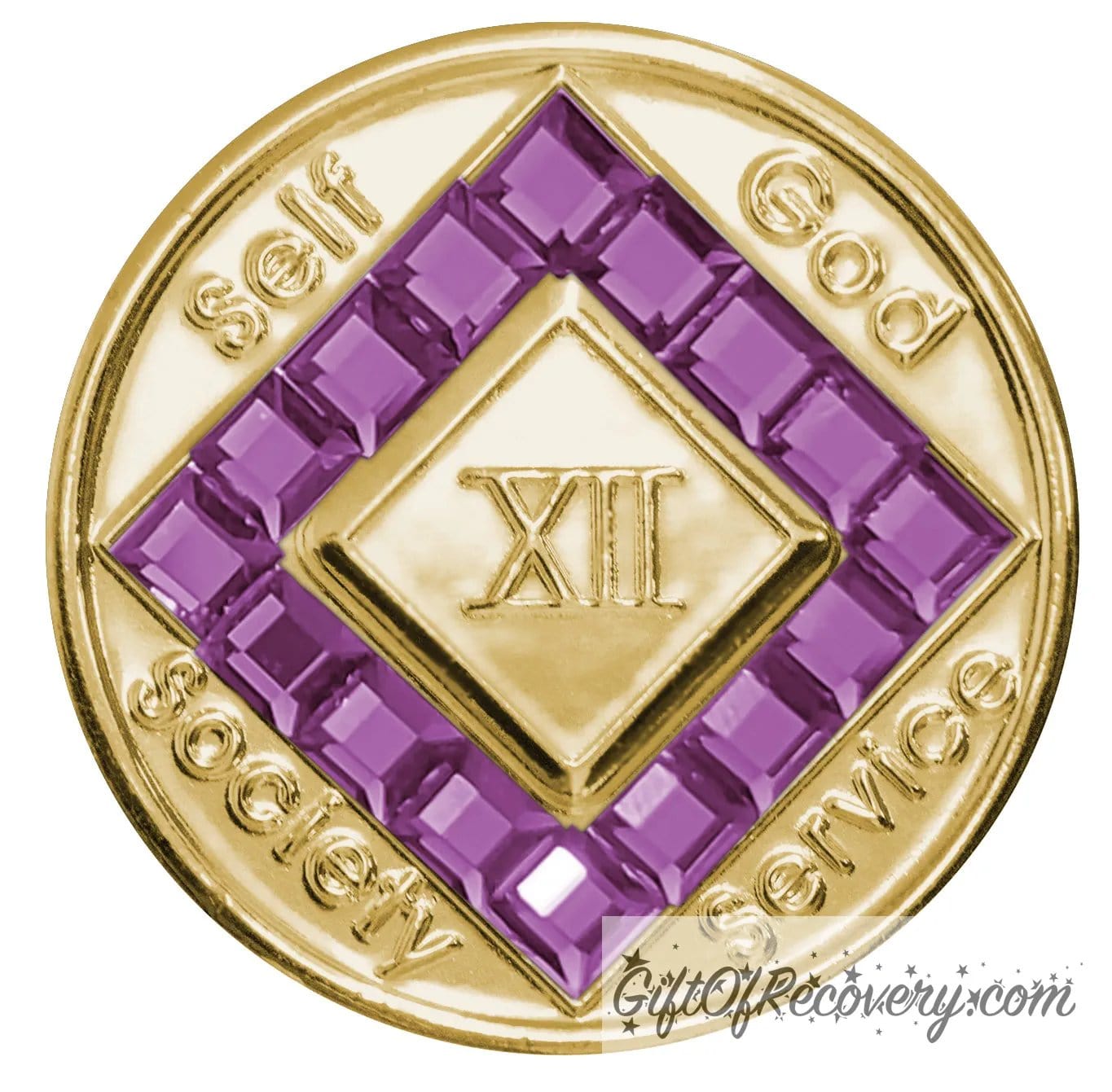 12 year gold plated NA medallion with self, God, Society, and Service around the outer rim of the diamond, 16 square Amethyst purple CZ genuine crystals that form the diamond around the roman numeral.