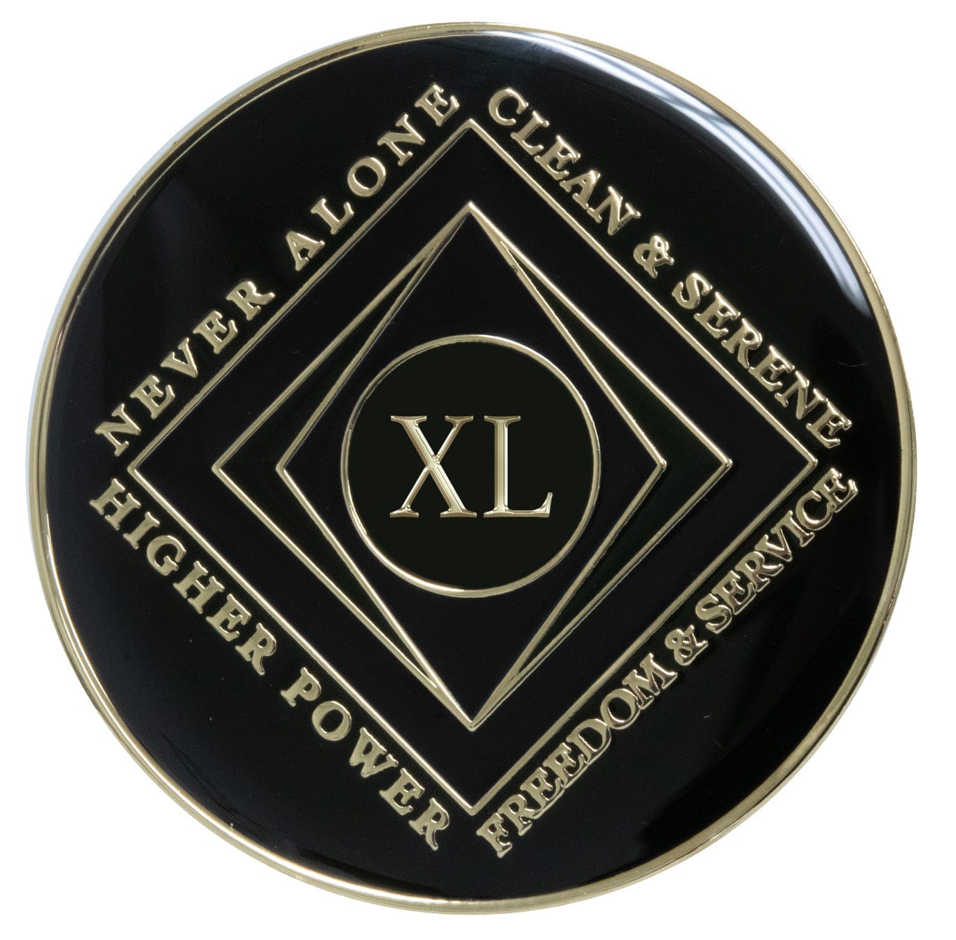 40 year black Onyx Clean time recovery medallion with a diamond shape within a diamond for a 3D effect, never alone, clean & serene, Higher Power, freedom & service in 14k gold-plated brass, sealed with resin for a glossy finish that will last and is scratch proof.