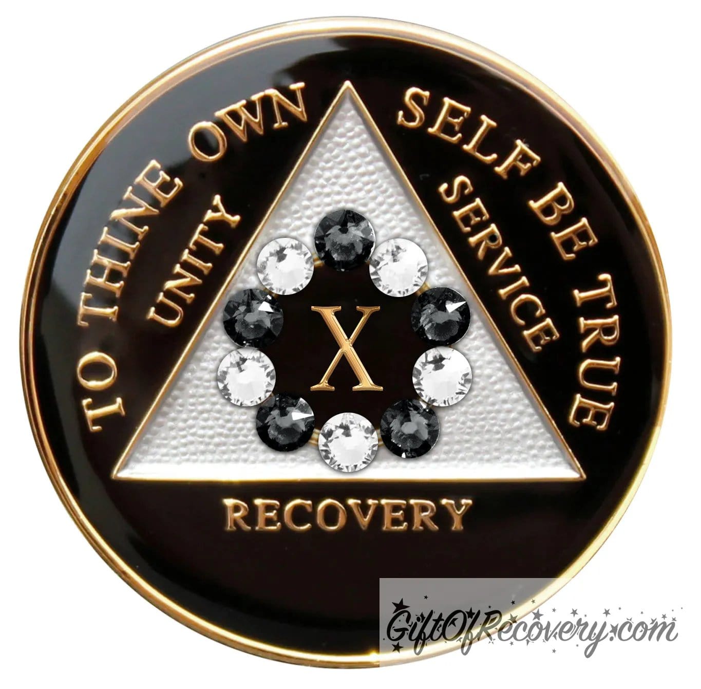 10 year black onyx 10th step AA medallion, with 5 black genuine crystals and 6 diamond CZ crystals, emphasizing action and reflection, the triangle is silver, and the AA moto is embossed with 14k gold-plated brass, sealed in a high-quality, chip and scratch-resistant resin dome giving it a beautiful glossy look that will last.