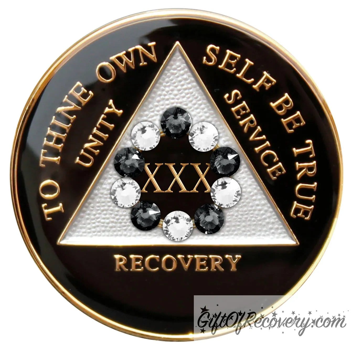 30 year black onyx 10th step AA medallion, with 5 black genuine crystals and 6 diamond CZ crystals, emphasizing action and reflection, the triangle is silver, and the AA moto is embossed with 14k gold-plated brass, sealed in a high-quality, chip and scratch-resistant resin dome giving it a beautiful glossy look that will last.