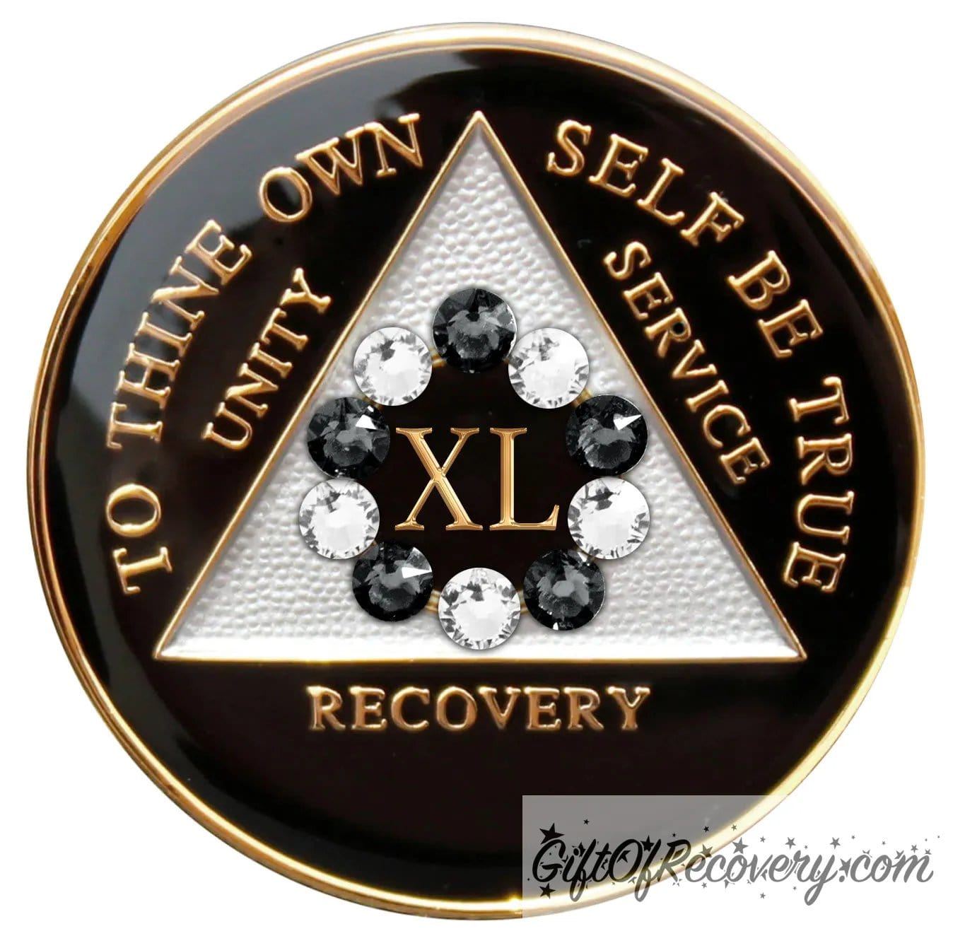 40 year black onyx 10th step AA medallion, with 5 black genuine crystals and 6 diamond CZ crystals, emphasizing action and reflection, the triangle is silver, and the AA moto is embossed with 14k gold-plated brass, sealed in a high-quality, chip and scratch-resistant resin dome giving it a beautiful glossy look that will last.