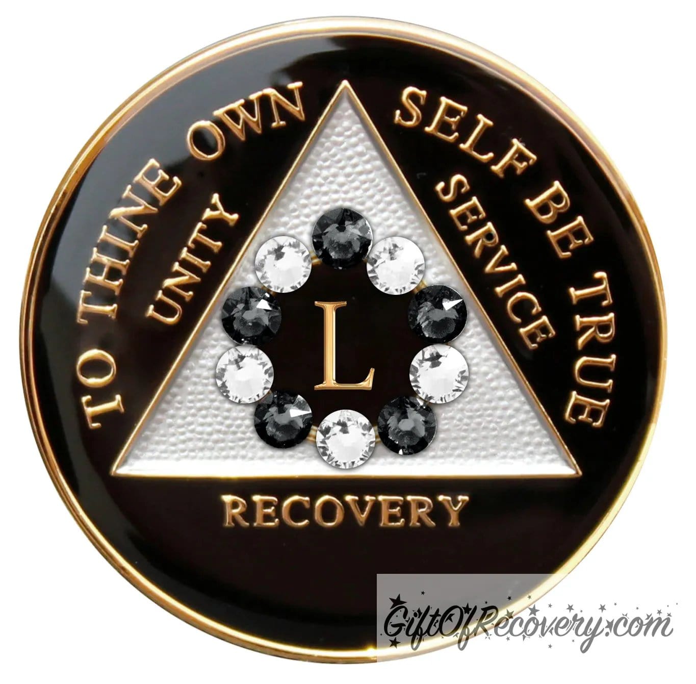 50 year black onyx 10th step AA medallion, with 5 black genuine crystals and 6 diamond CZ crystals, emphasizing action and reflection, the triangle is silver, and the AA moto is embossed with 14k gold-plated brass, sealed in a high-quality, chip and scratch-resistant resin dome giving it a beautiful glossy look that will last.