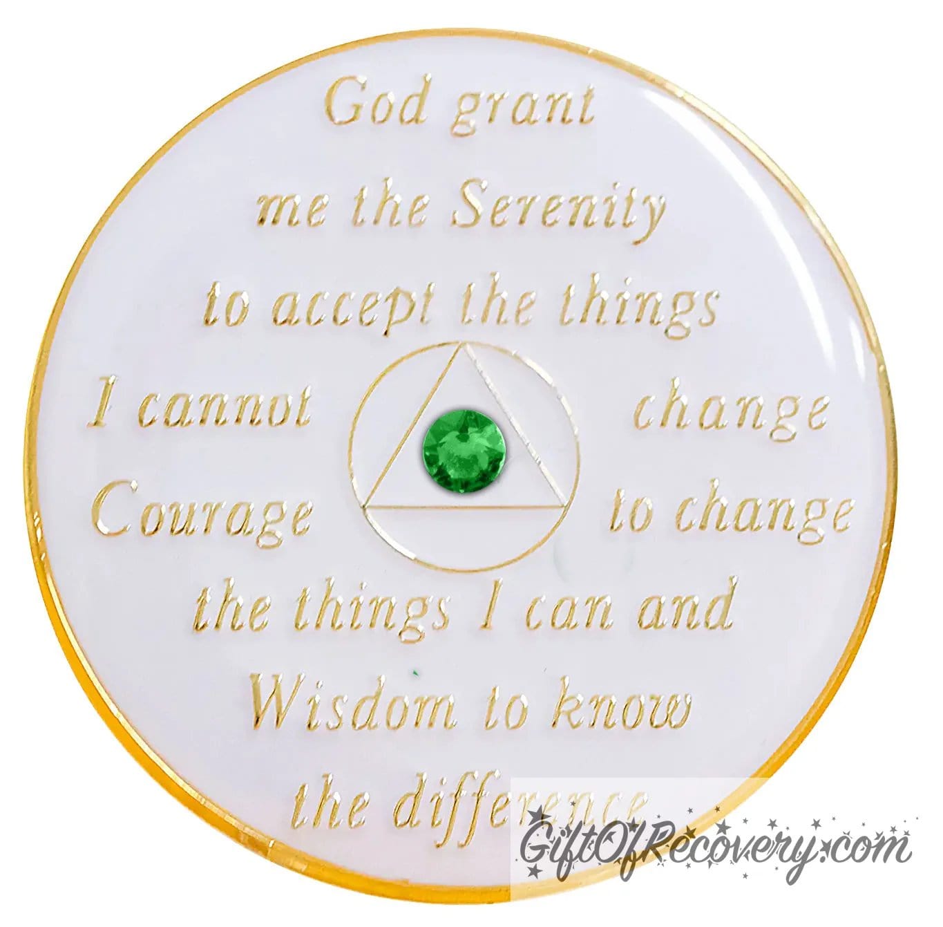 Back of AA pearl white recovery medallion is pearl white and has the serenity prayer, outer rim, and the circle triangle in the center embossed with 14k gold-plated brass, the circle and triangle is white with one single green genuine crystal in the center of the triangle, the recovery medallion is sealed with resin for a shiny finish.