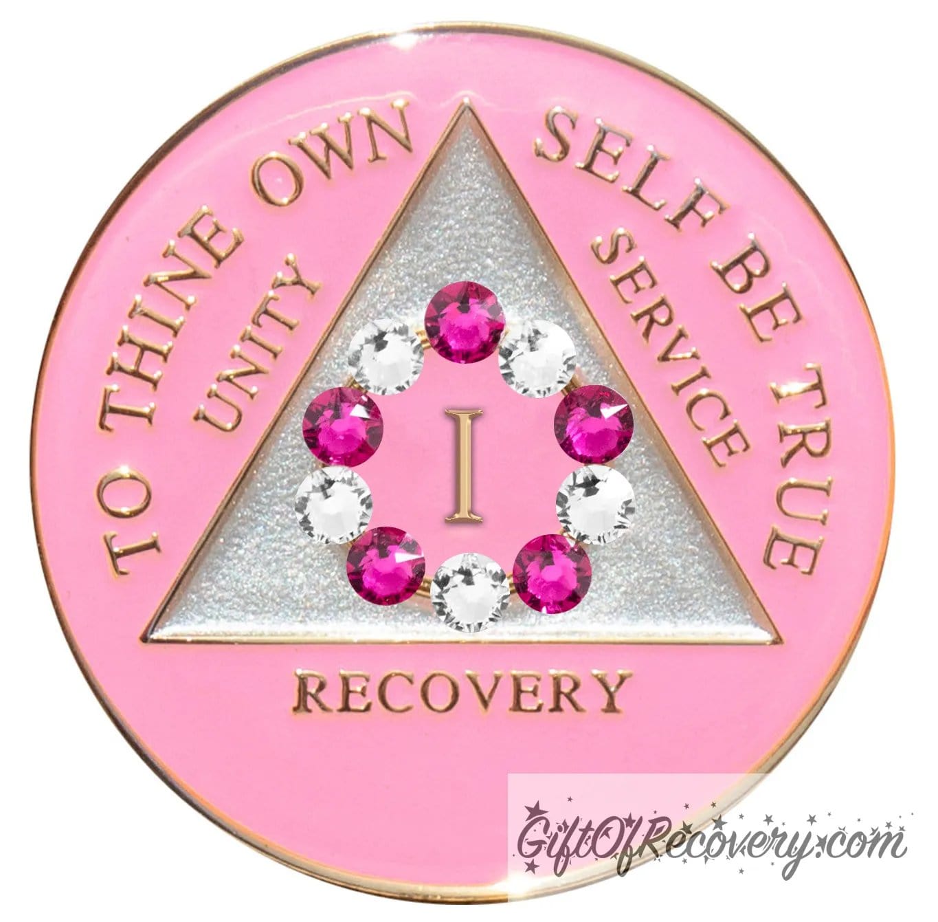 1 year princess pink AA medallion with a pearl white triangle center and pink circle, surrounding the roman numeral 1 are 10 genuine crystals, 5 dark pink and 5 clear, perfect for your favorite sober princess, to thine own self be true, unity, service, recovery, the rim of the medallion, the raised triangle outline, and the roman numeral year, are in 14k gold, sealed with resin for a glossy finish.