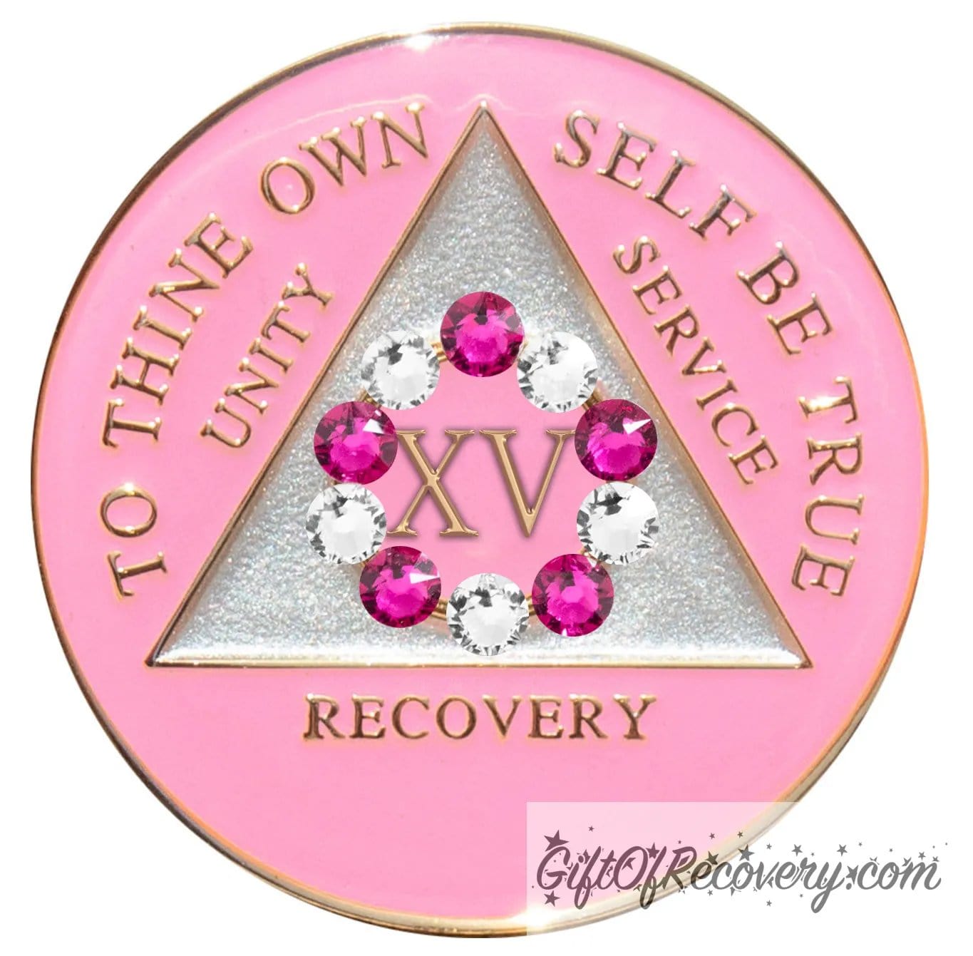 15 year princess pink AA medallion with a pearl white triangle center and pink circle, surrounding the roman numeral 15 are 10 genuine crystals, 5 dark pink and 5 clear, perfect for your favorite sober princess, to thine own self be true, unity, service, recovery, the rim of the medallion, the raised triangle outline, and the roman numeral year, are in 14k gold, sealed with resin for a glossy finish.