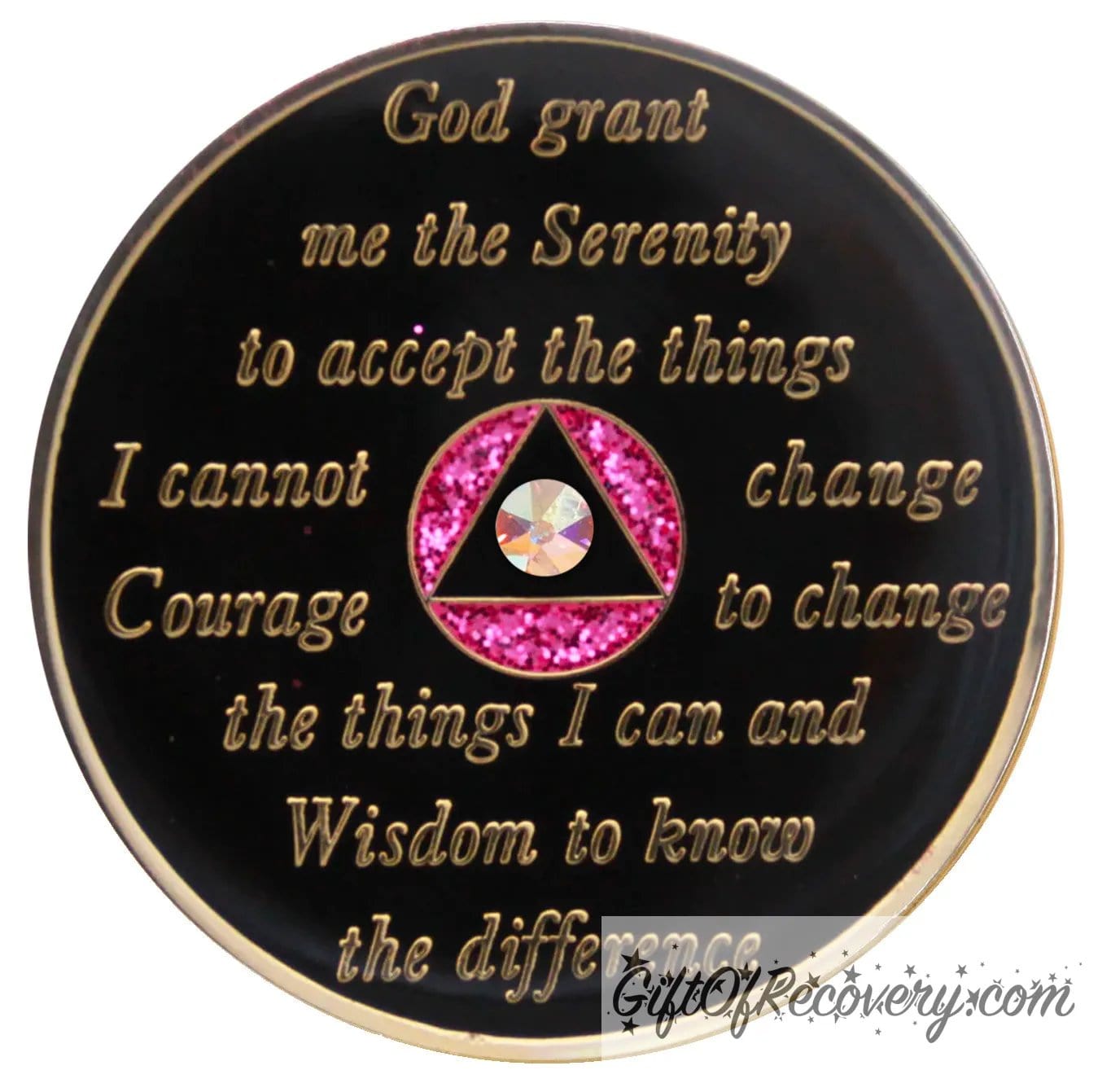Back of pink glitter Princess AB crystalized AA recovery medallion is black onyx and has the serenity prayer, outer rim, and the circle triangle in the center 14k gold-plated brass, the circle is glitter princess pink and triangle is black with one single AB CZ genuine crystal in the center of the triangle, the recovery medallion is sealed with resin for a shiny finish.