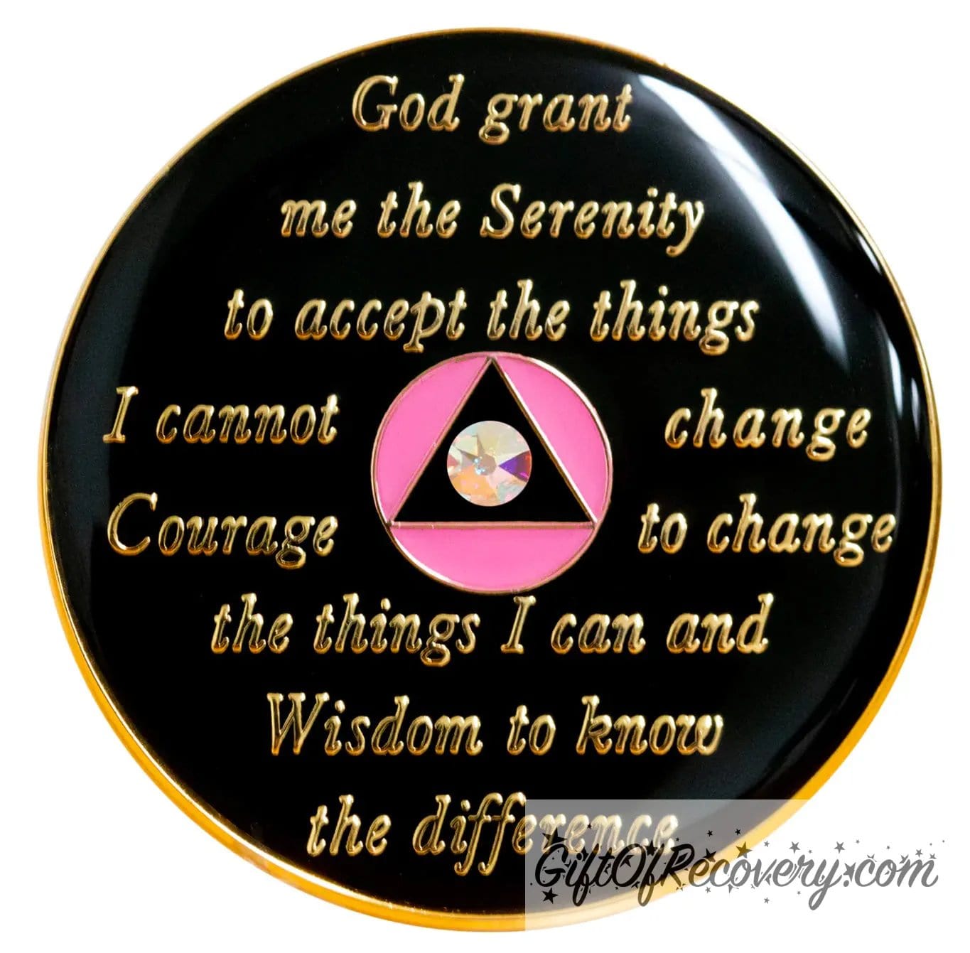 Back of princess pink Aurora Borealis CZ crystalized AA recovery medallion is black onyx and has the serenity prayer, outer rim, and the circle triangle in the center 14k gold-plated brass, the circle is pink and triangle is black with one single AB CZ genuine crystal in the center of the triangle, the recovery medallion is sealed with resin for a shiny finish.