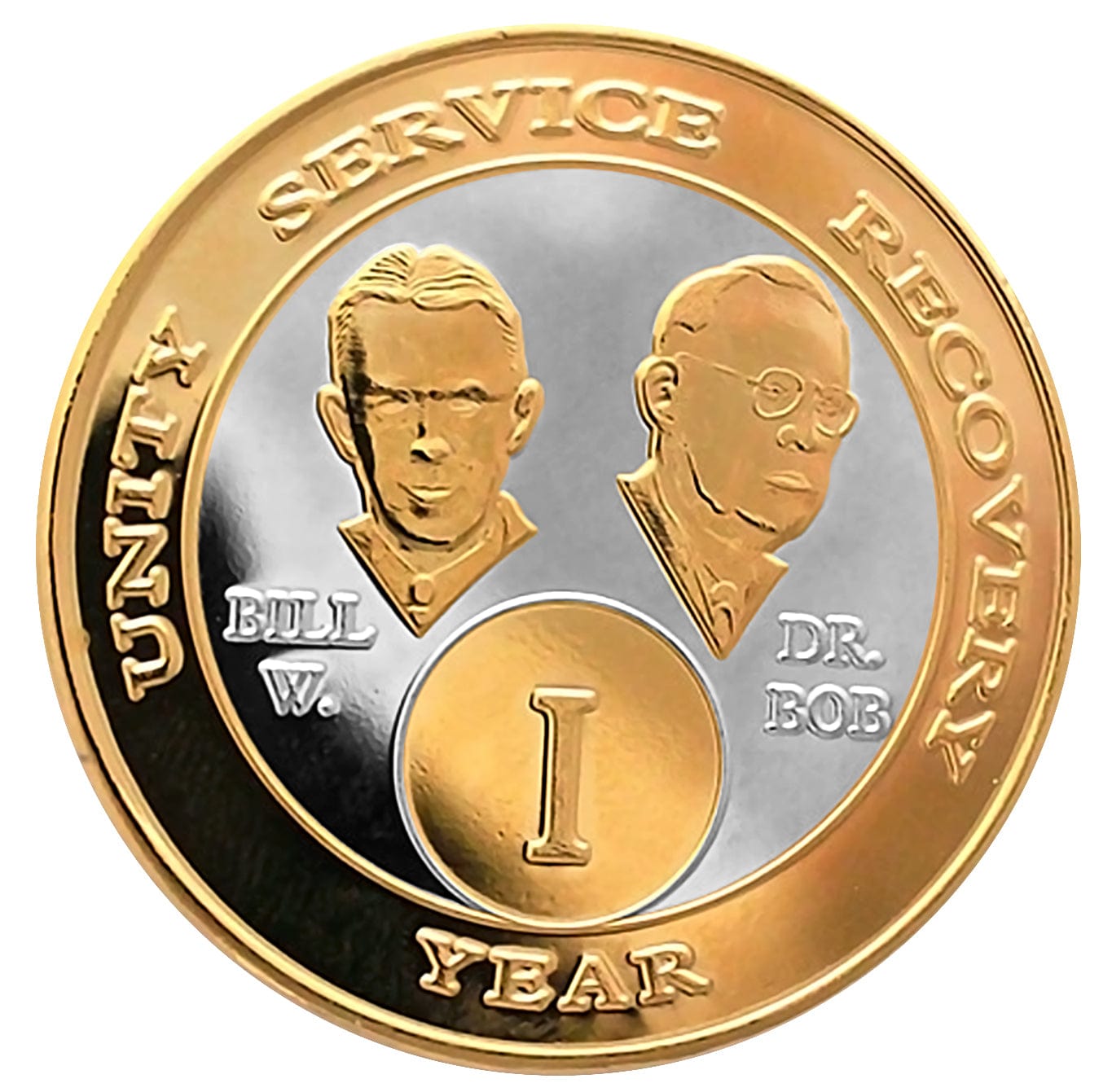 1 year Bi-plated AA recovery chip with Stylized pictures of Bill & Bob along with their names and unity, service, recovery.