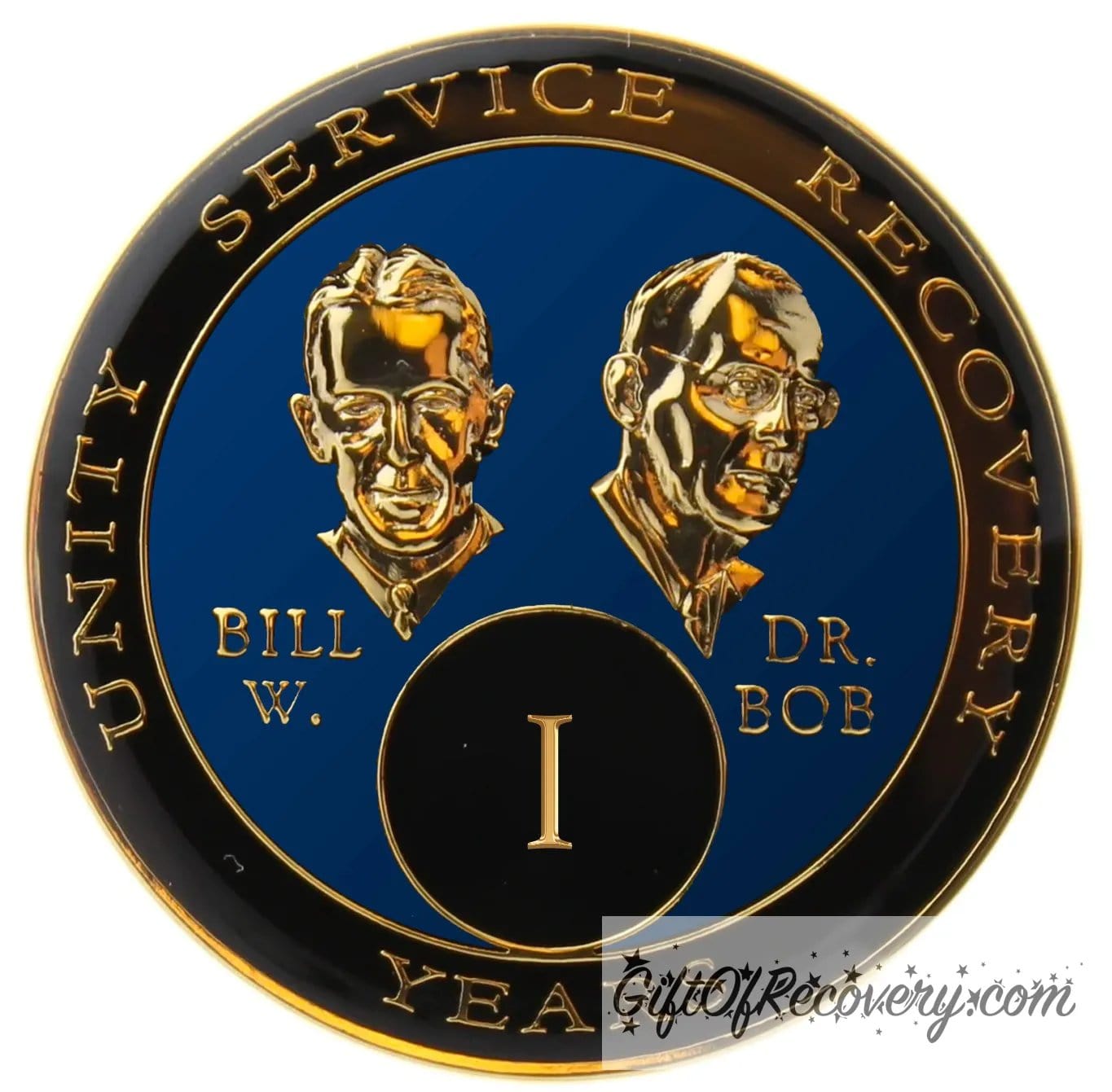 1 year AA Bill & Bob Big Book blue recovery medallion, black around the rim with Unity, Service and recovery embossed 14k gold-plated brass, this medallion is to honor our founders and our time, stylized busts of Bill W. and Dr. Bob, with their names, are embossed 14k gold-plated brass, the medallion is sealed with resin for a glossy finish. seen on a white 3x3 card with recovery is a gift going through an open heart at the top and giftofrecovery.com on the bottom, both in the color gold.