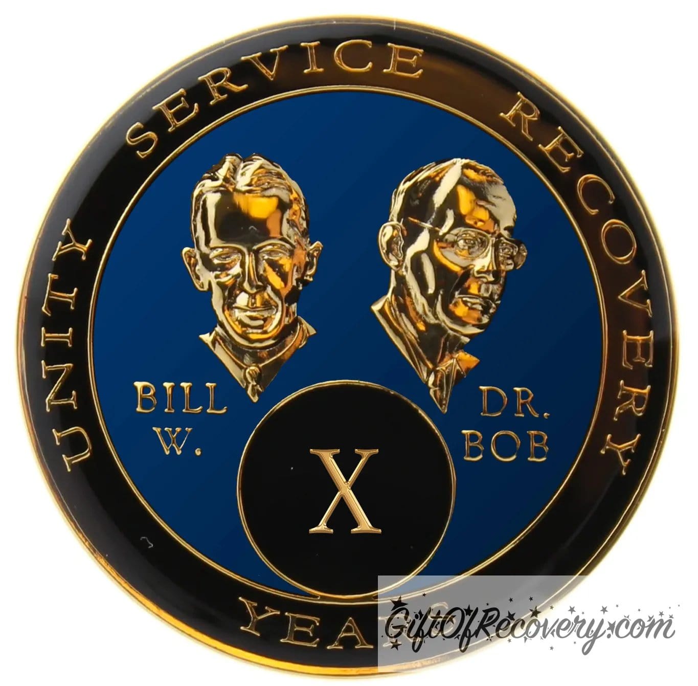 10 year AA Bill & Bob Big Book blue recovery medallion, black around the rim with Unity, Service and recovery embossed 14k gold-plated brass, this medallion is to honor our founders and our time, stylized busts of Bill W. and Dr. Bob, with their names, are embossed 14k gold-plated brass, the medallion is sealed with resin for a glossy finish.