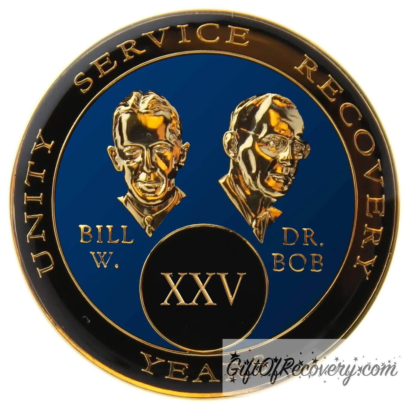 25 year AA Bill & Bob Big Book blue recovery medallion, black around the rim with Unity, Service and recovery embossed 14k gold-plated brass, this medallion is to honor our founders and our time, stylized busts of Bill W. and Dr. Bob, with their names, are embossed 14k gold-plated brass, the medallion is sealed with resin for a glossy finish.
