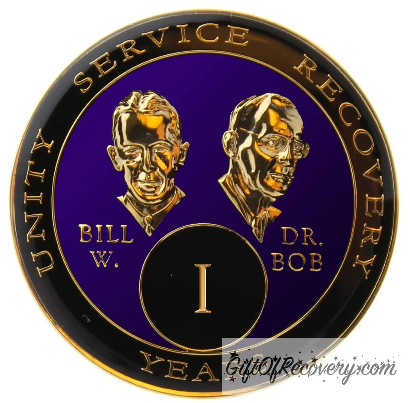 1 year AA Bill & Bob Amethyst purple recovery medallion black around the rim with Unity, Service and recovery embossed 14k gold-plated brass, this medallion is to honor our founders and our time, stylized busts of Bill W. and Dr. Bob, with their names, are embossed 14k gold-plated brass, the medallion is sealed with resin for a glossy finish.