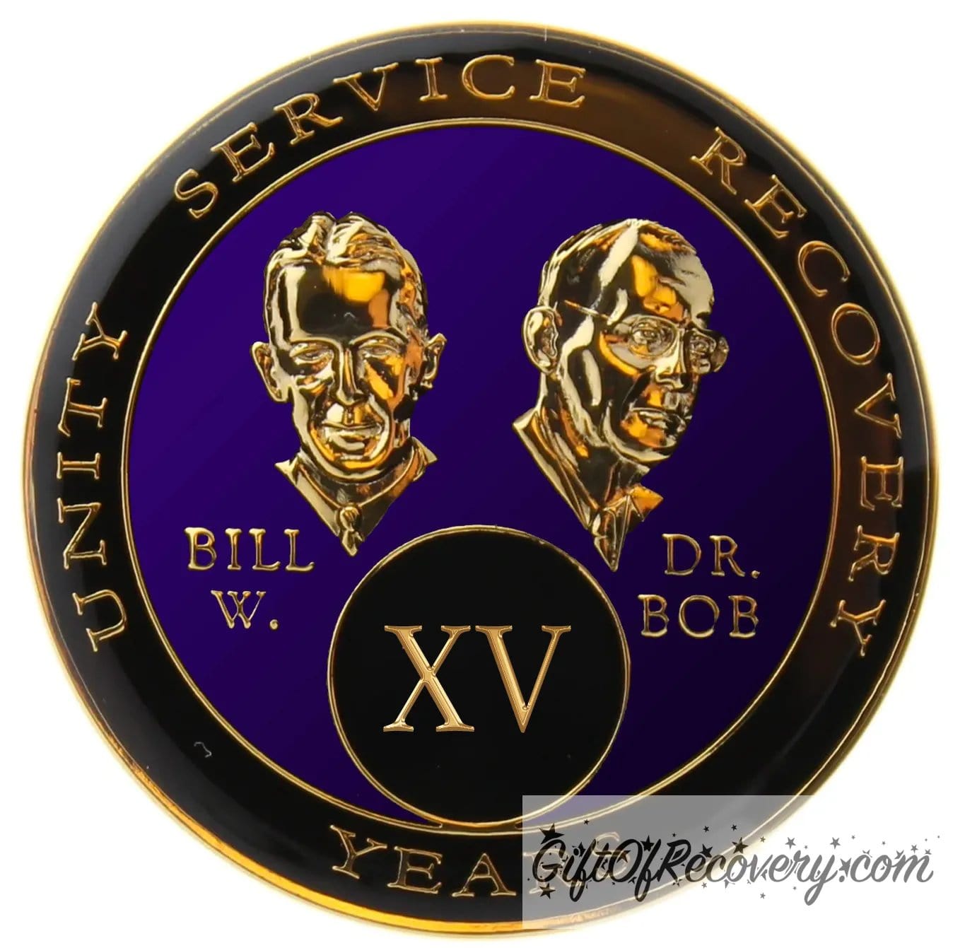 15 year AA Bill & Bob Amethyst purple recovery medallion black around the rim with Unity, Service and recovery embossed 14k gold-plated brass, this medallion is to honor our founders and our time, stylized busts of Bill W. and Dr. Bob, with their names, are embossed 14k gold-plated brass, the medallion is sealed with resin for a glossy finish. & Bob Purple Triplate 15 Years