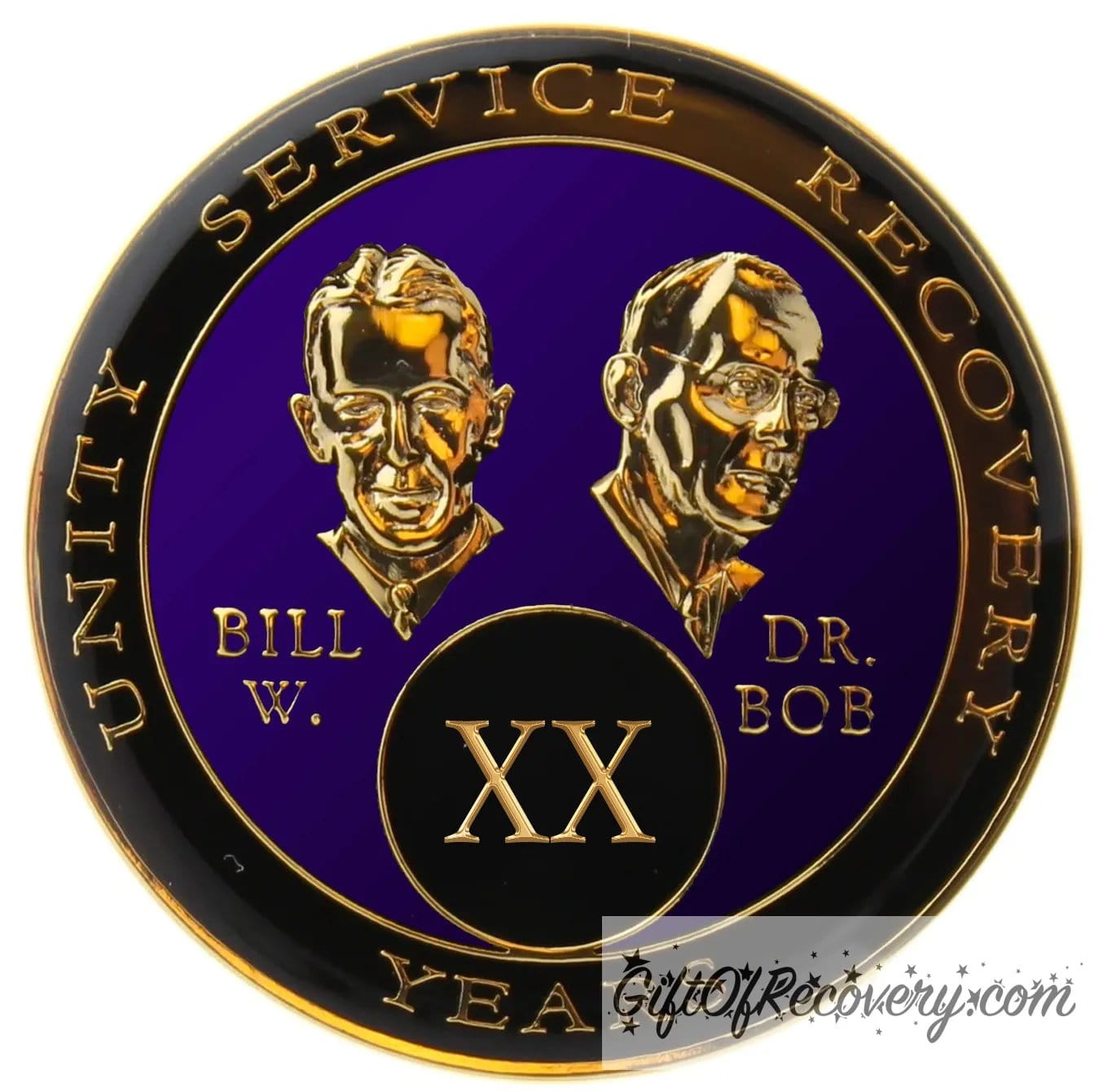 20 year AA Bill & Bob Amethyst purple recovery medallion black around the rim with Unity, Service and recovery embossed 14k gold-plated brass, this medallion is to honor our founders and our time, stylized busts of Bill W. and Dr. Bob, with their names, are embossed 14k gold-plated brass, the medallion is sealed with resin for a glossy finish.
