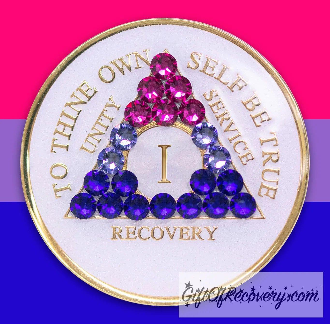 1 year AA medallion pearl white with 21 genuine crystals that form the triangle and are in the color of the bisexual flag, to represent pride and sobriety, the AA slogan and three legacies are embossed with 14k gold-plated brass and sealed with resin for a glossy finish that will last and is scratch proof, pictured on an image of the Bisexual flag colors.