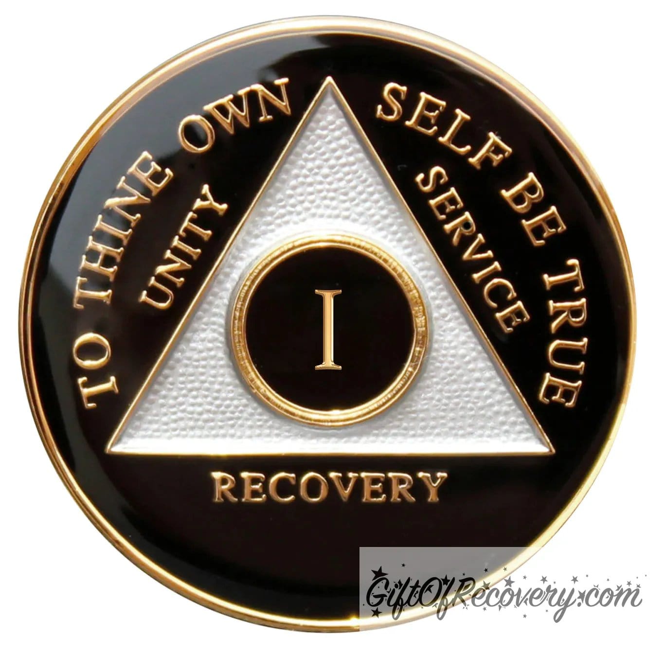 1 year AA medallion Black Onyx, triangle is pearl white, to thine own self be true, unity, service, recovery, and roman numeral are embossed with 14k gold-plated brass, the recovery medallion is sealed with resin for a glossy finish that will last and is scratch free.