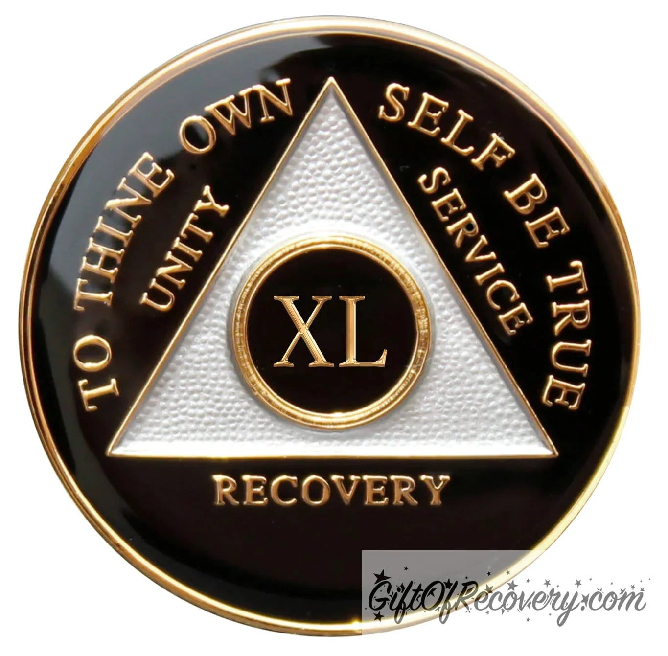 40 year AA medallion Black Onyx, triangle is pearl white, to thine own self be true, unity, service, recovery, and roman numeral are embossed with 14k gold-plated brass, the recovery medallion is sealed with resin for a glossy finish that will last and is scratch free.